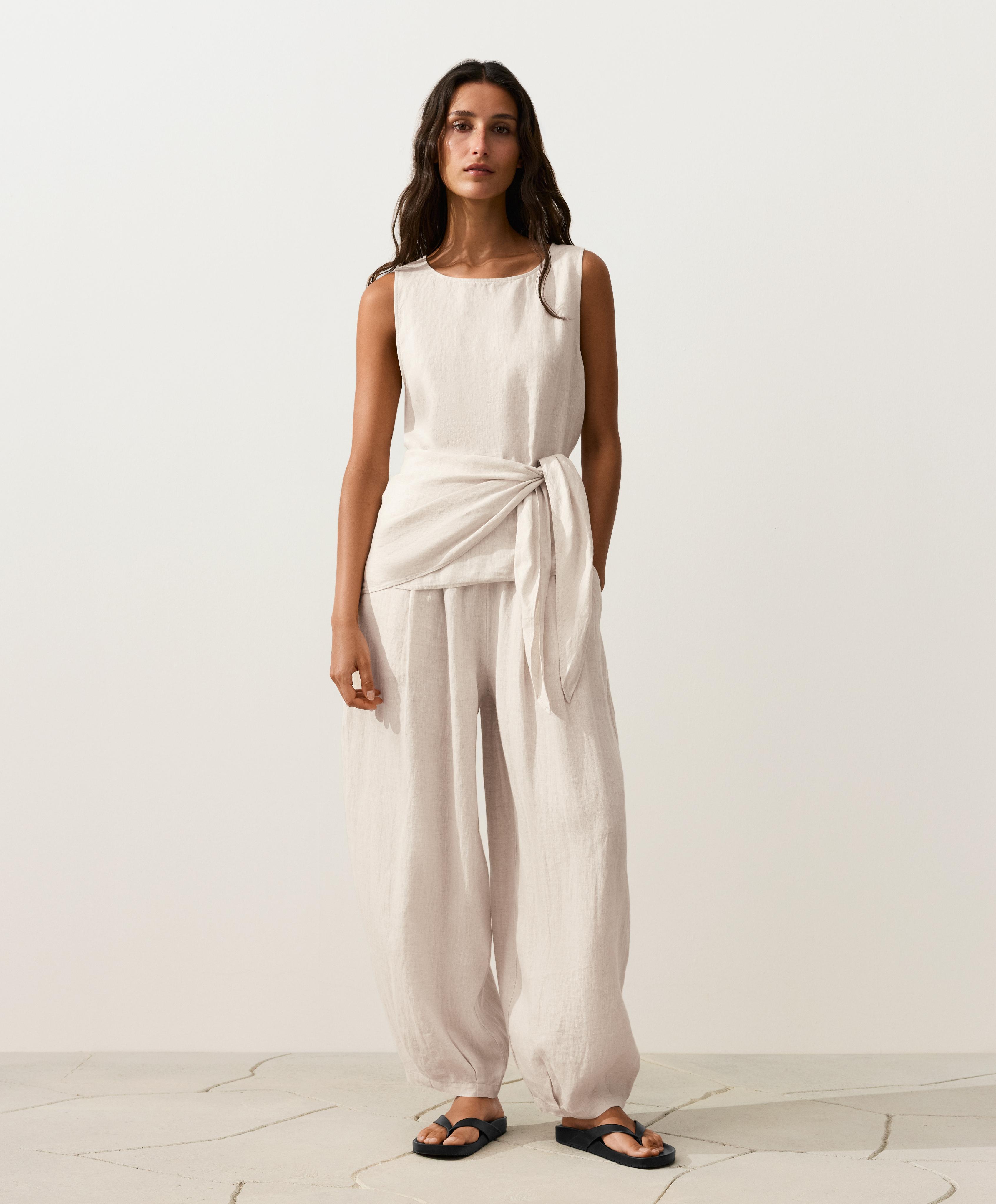 Sleeveless top with 100% linen scarf — SAND MELANGE