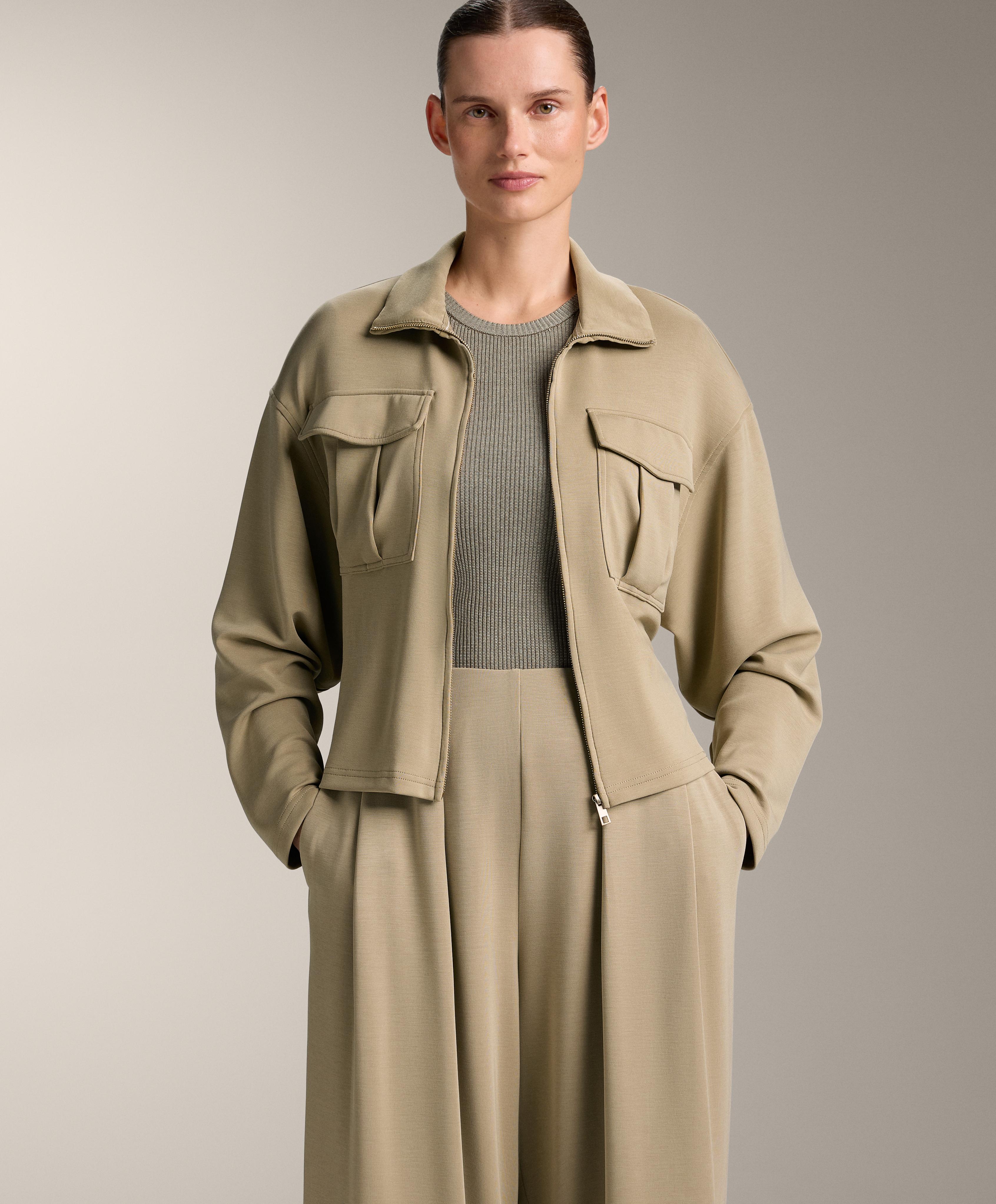 Soft-touch belted jacket with modal — GREEN BEIGE