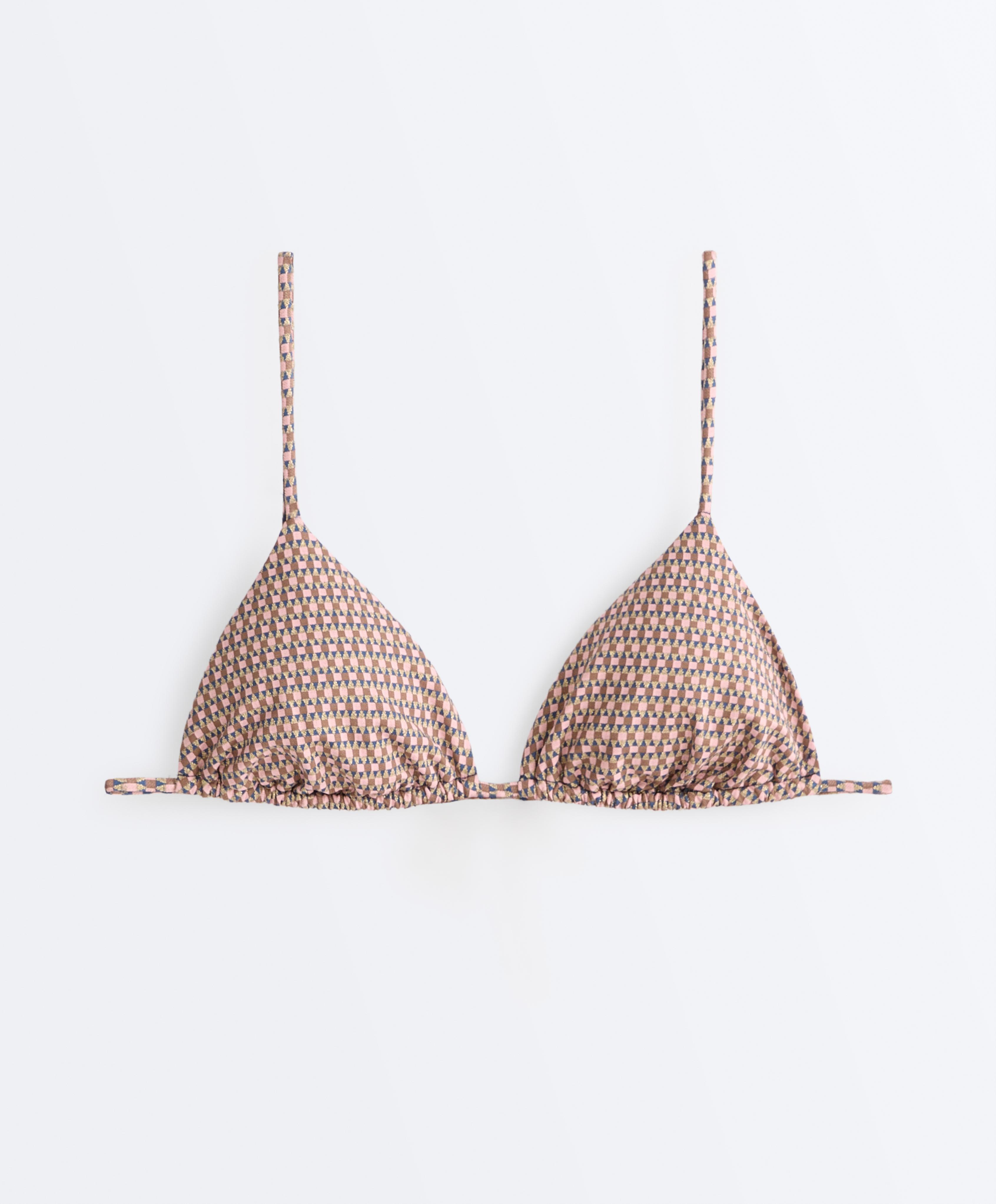 Mini print metallic thread triangle bikini top — PINK