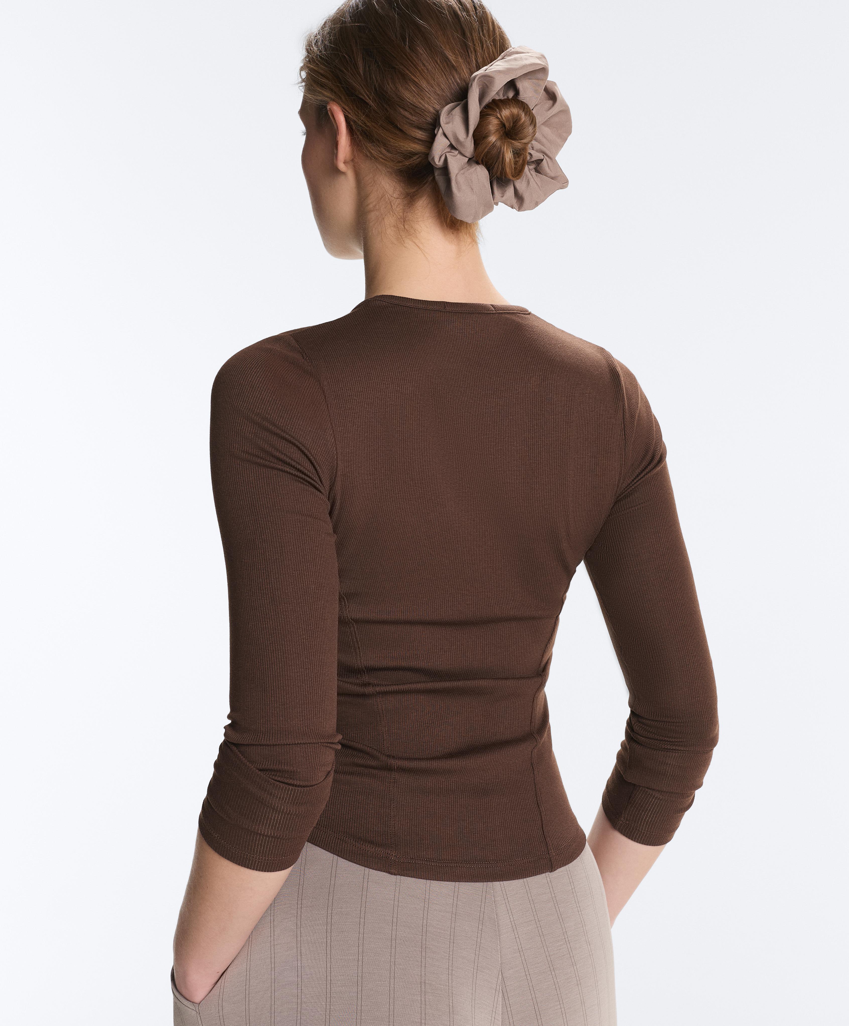 Fitted long sleeve rib T-shirt with cotton and modal — BROWN
