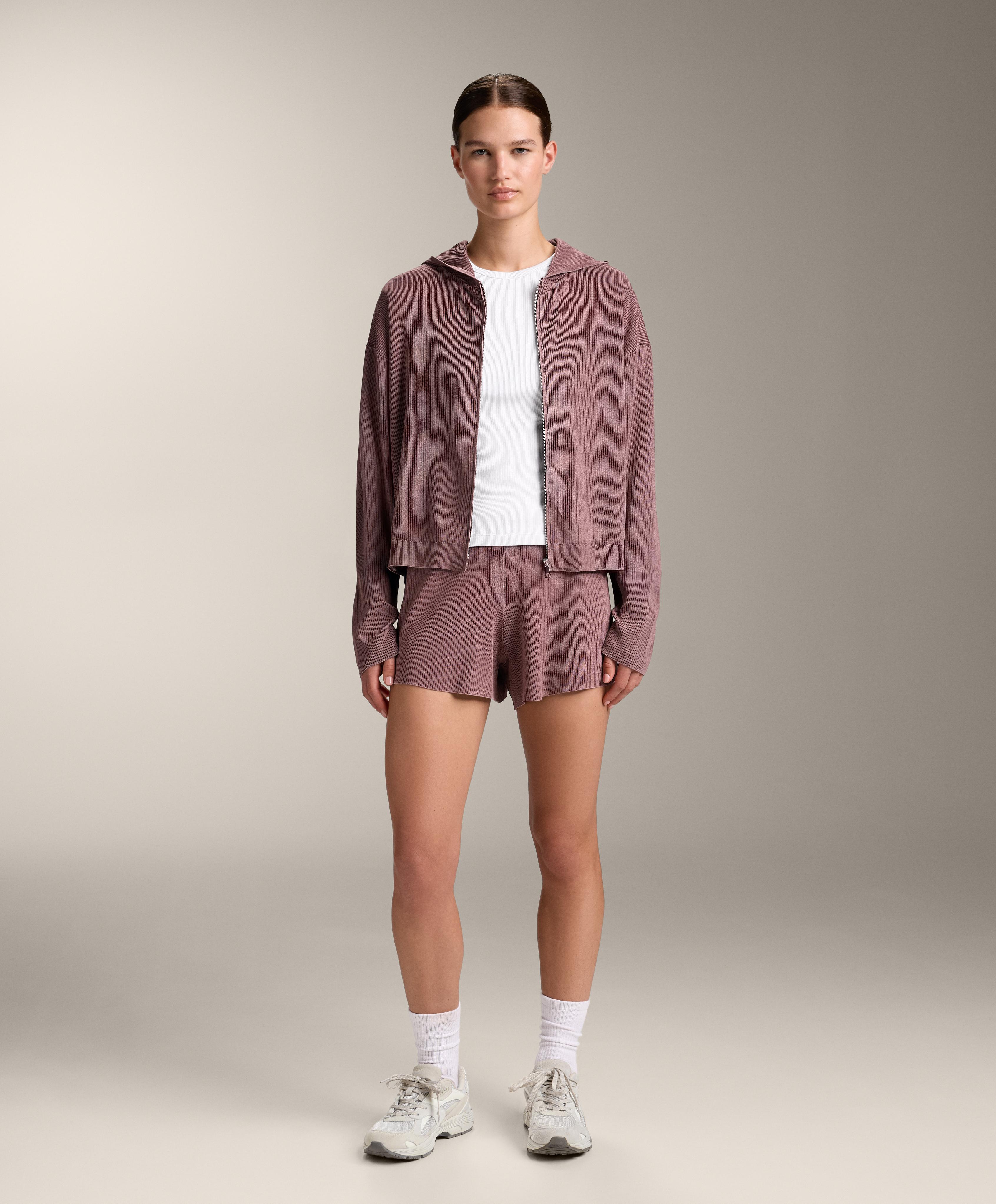 Hooded rib-knit jacket — PINK-MAUVE