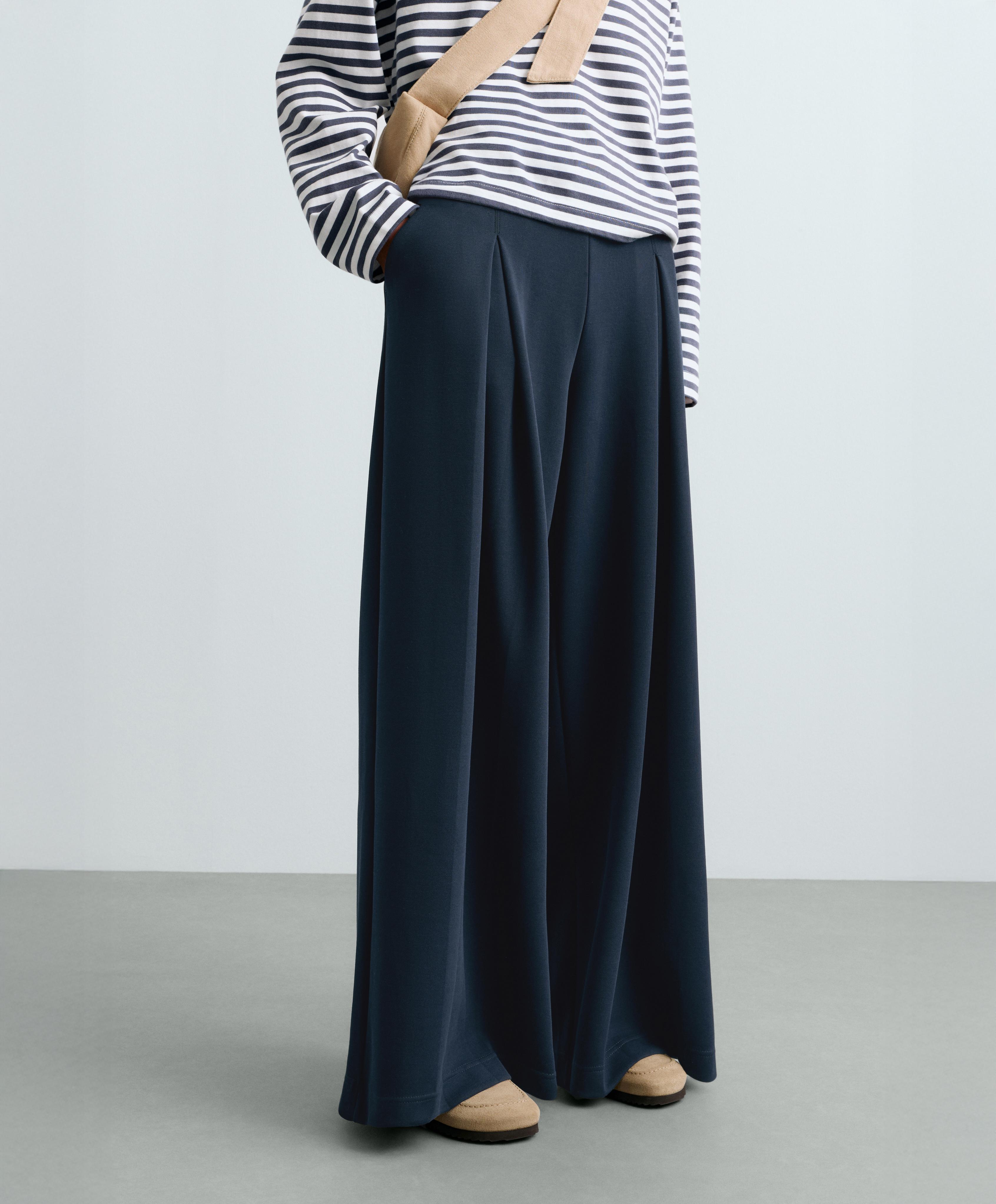 Wide-leg pique trousers with cotton — NAVY BLUE