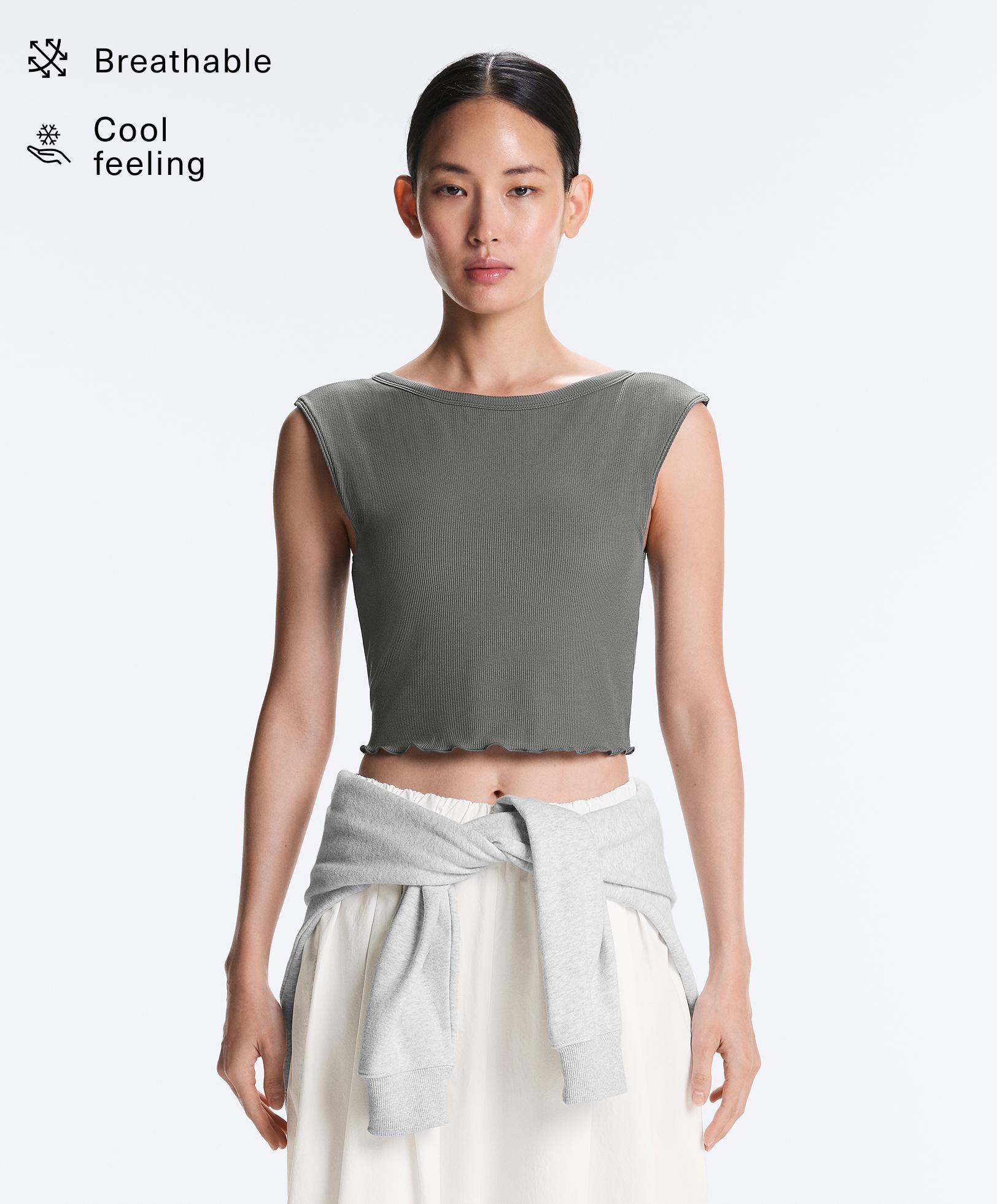 Rib modal blend short sleeve tank top with curling detail Rib modal blend short sleeve tank top with curling detail