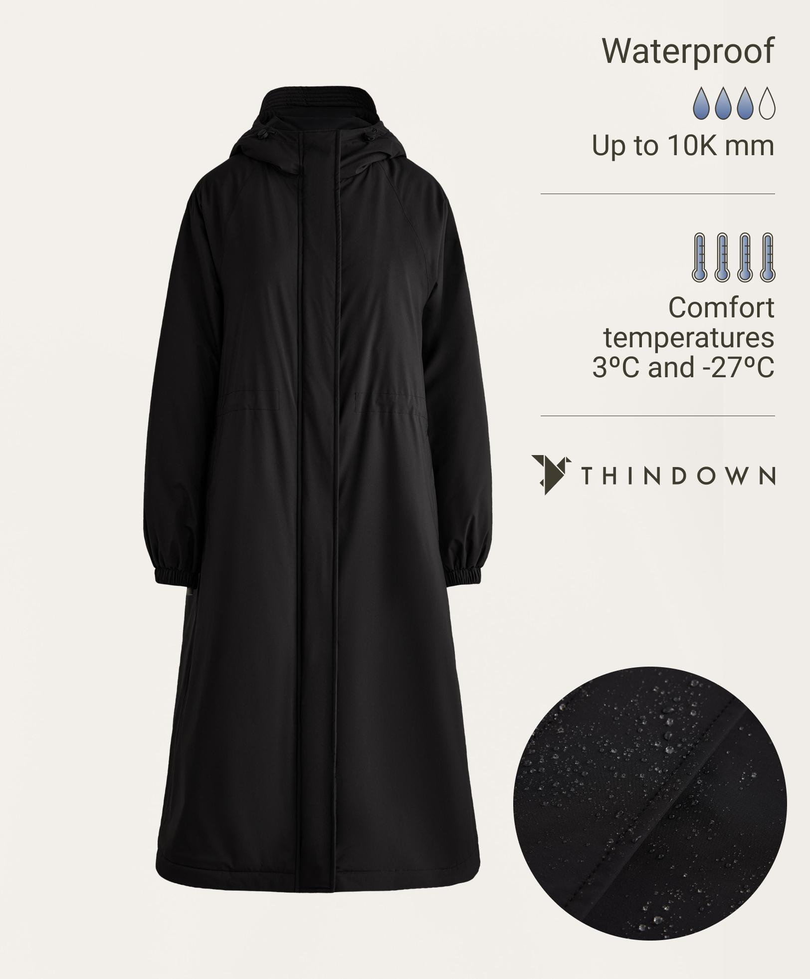 10k Thindown® waterproof extra-light long padded jacket — BLACK