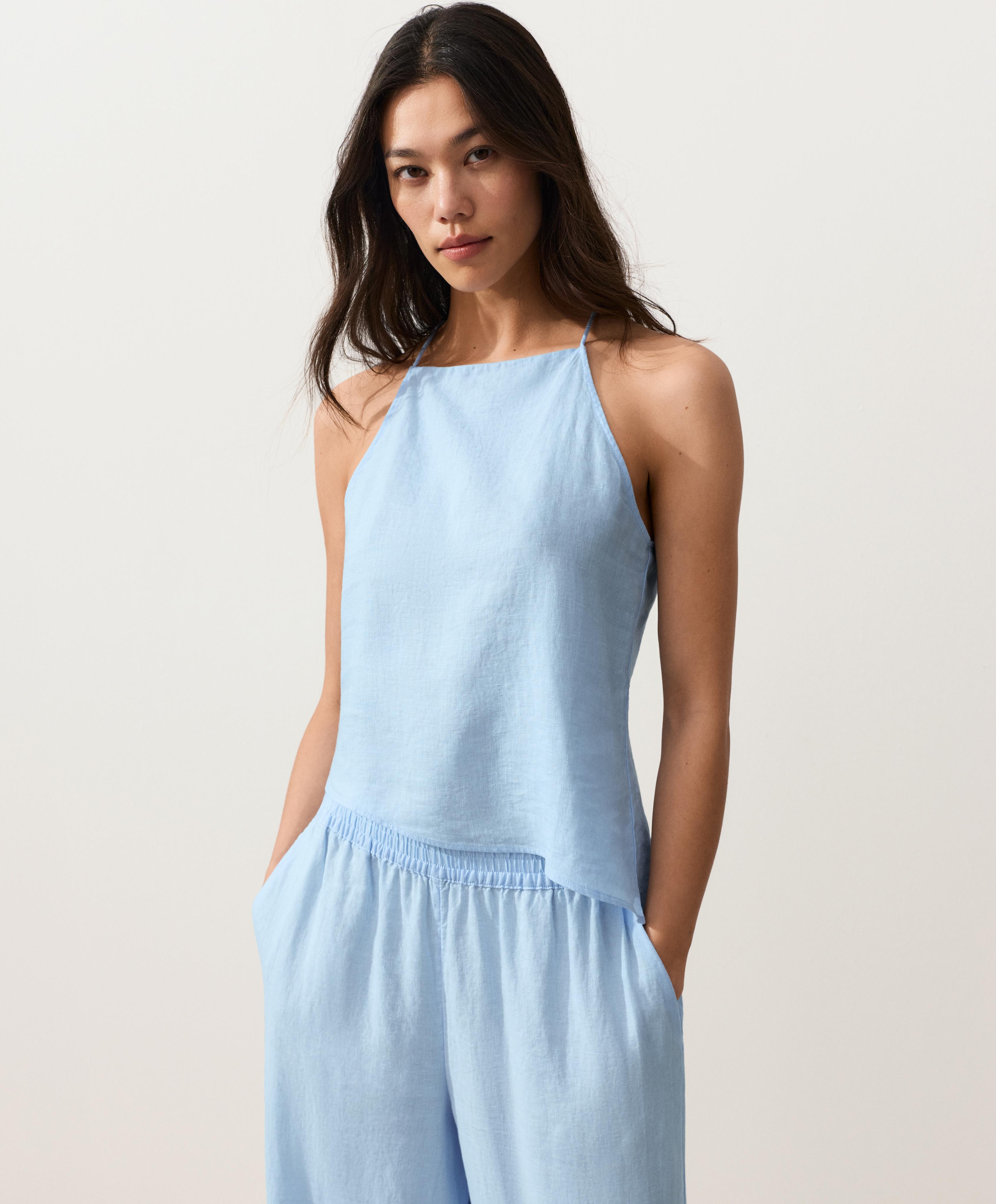 Asymmetric 100% linen sleeveless top — SKY BLUE