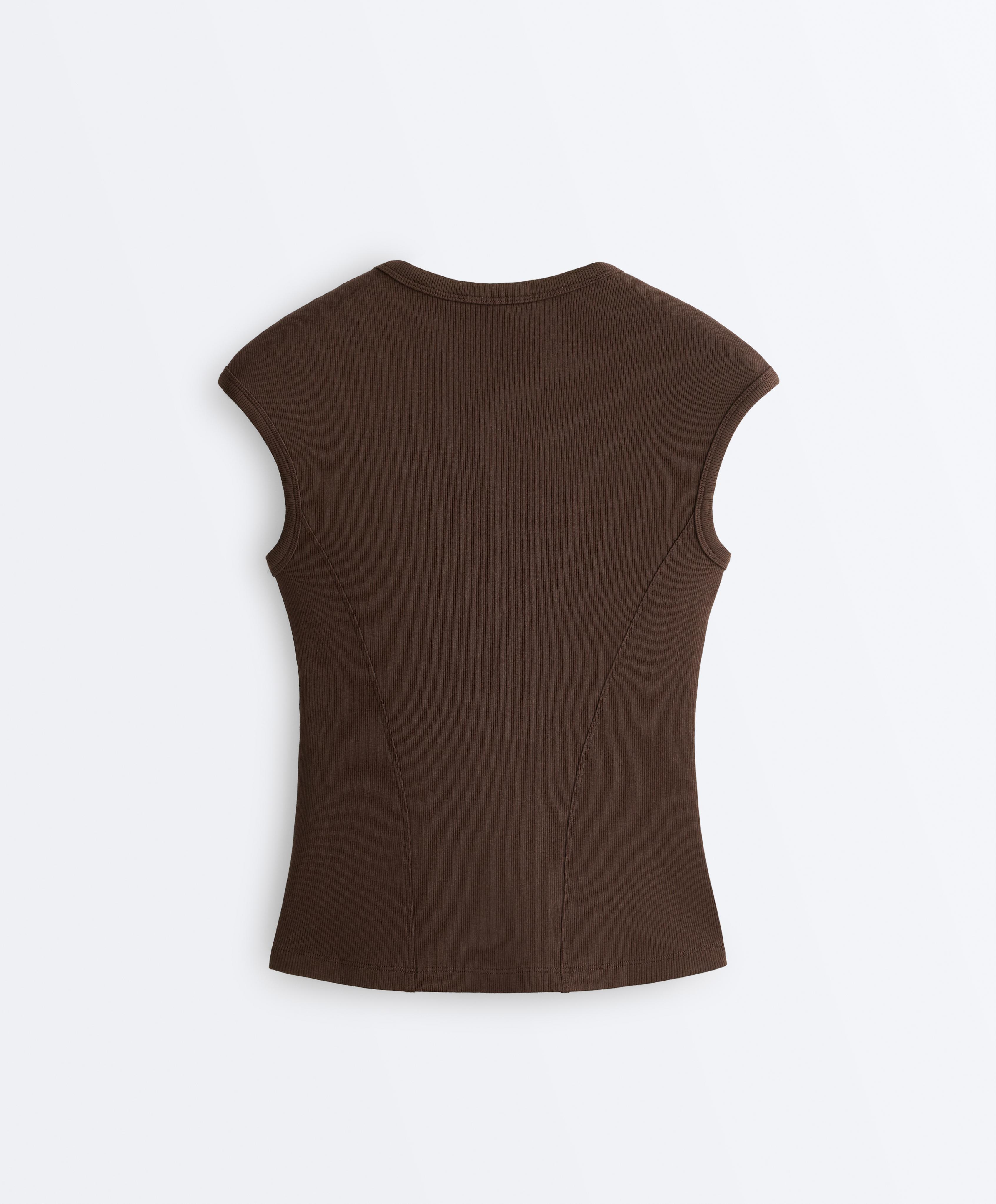 Short-sleeved rib top with cotton and modal — DARK BROWN