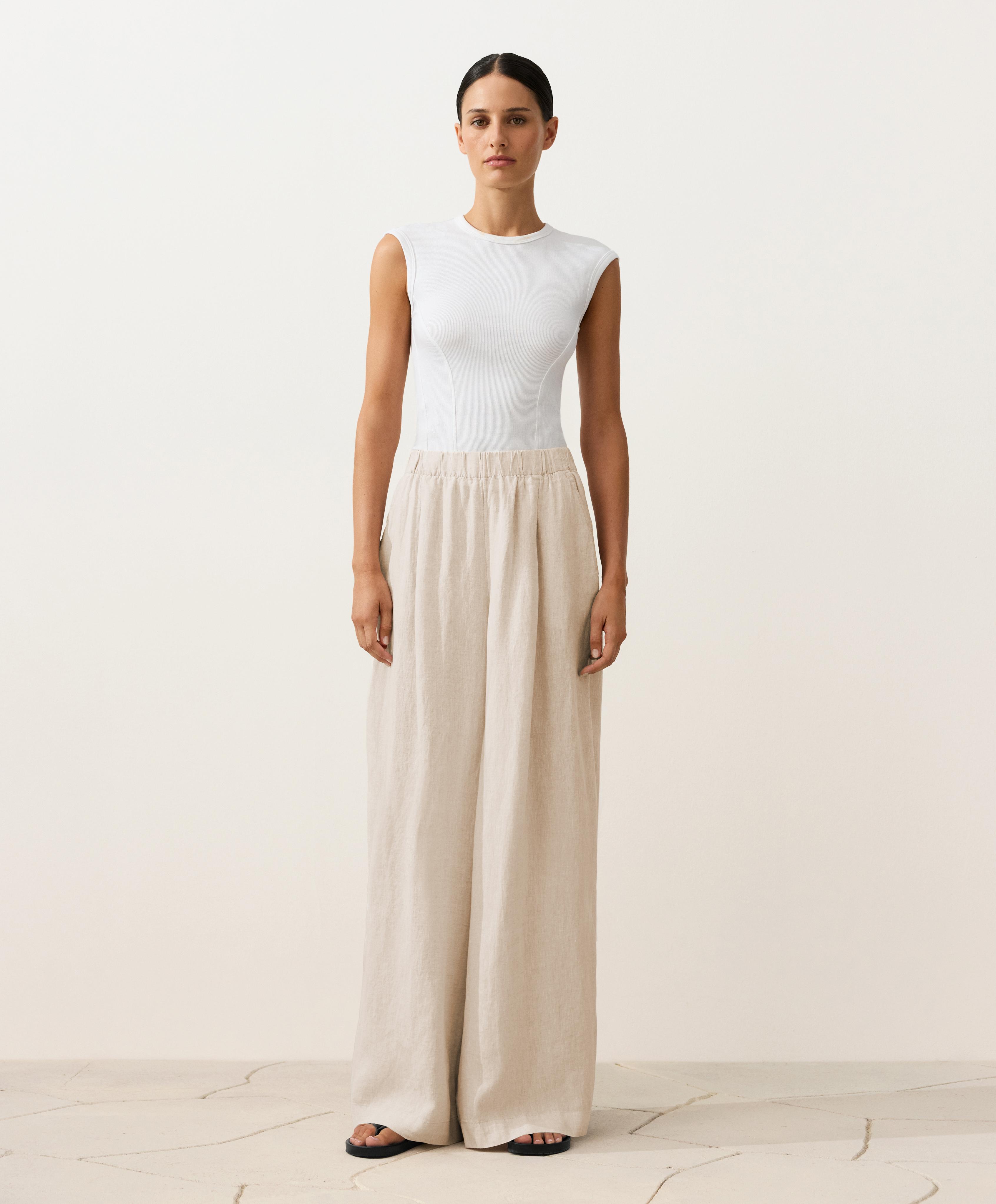 100% linen wide-leg trousers — SAND MELANGE