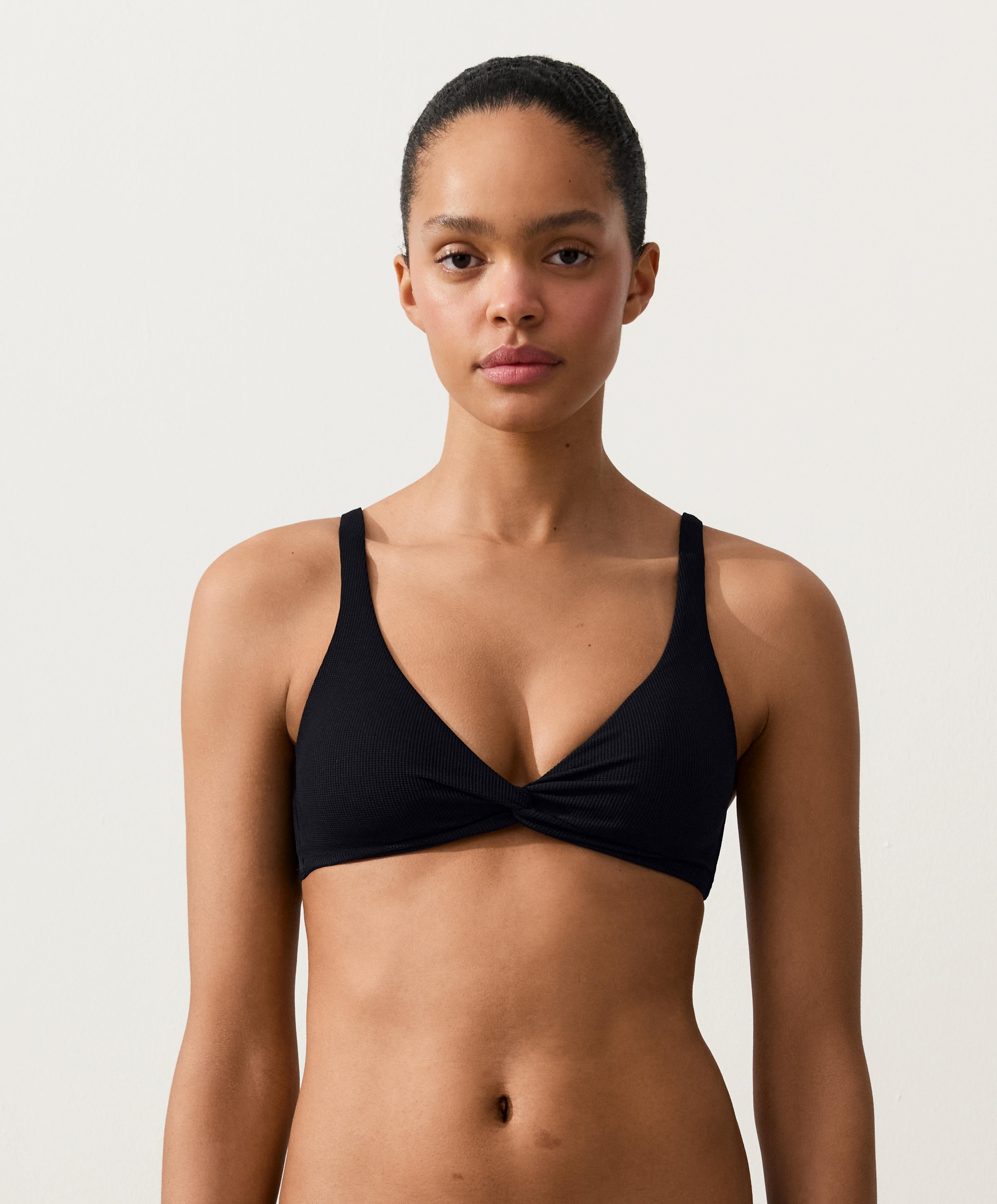 Piqué tie-back halter bikini top — BLACK