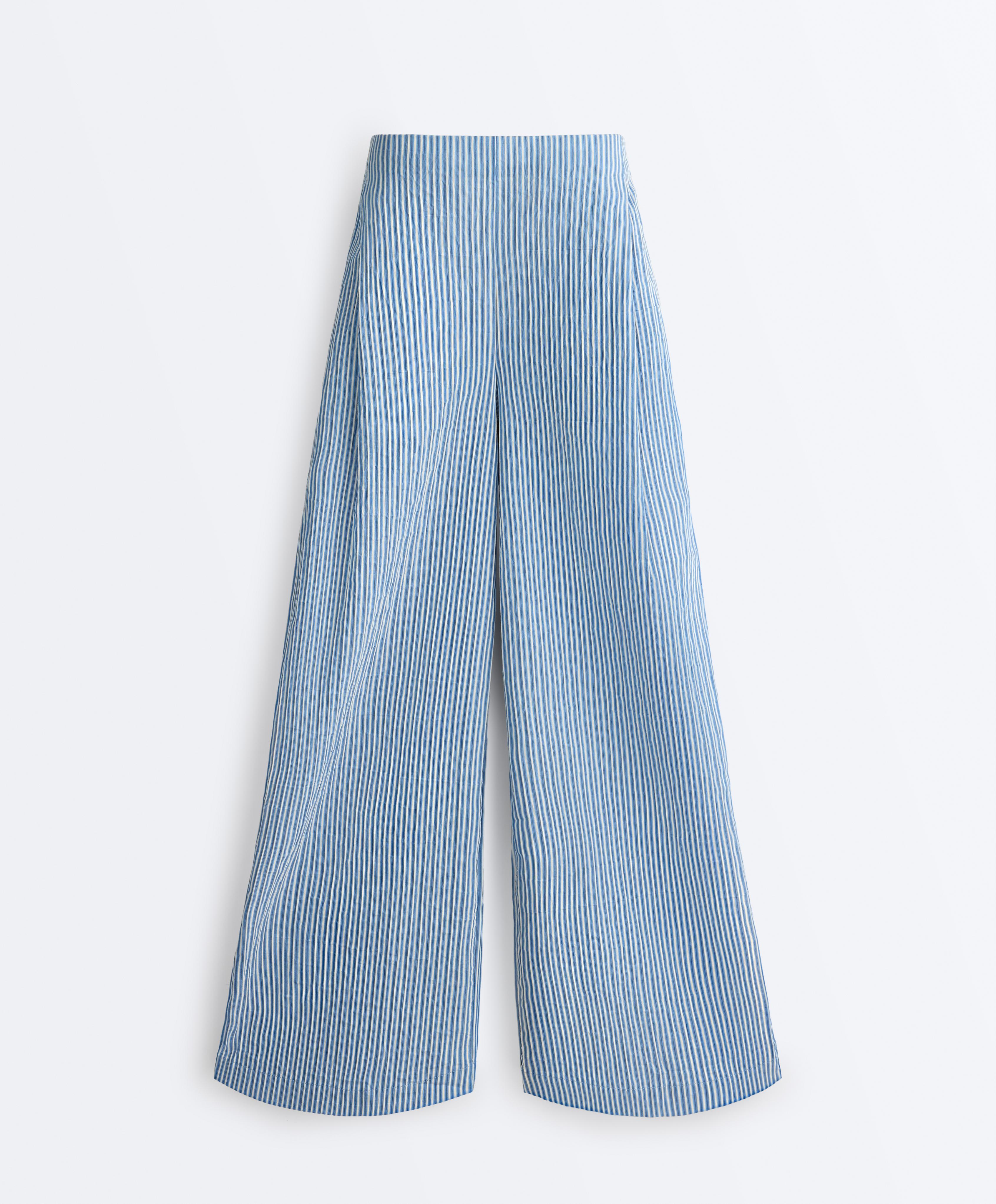 Cotton blend striped straight-leg trousers — MID-BLUE