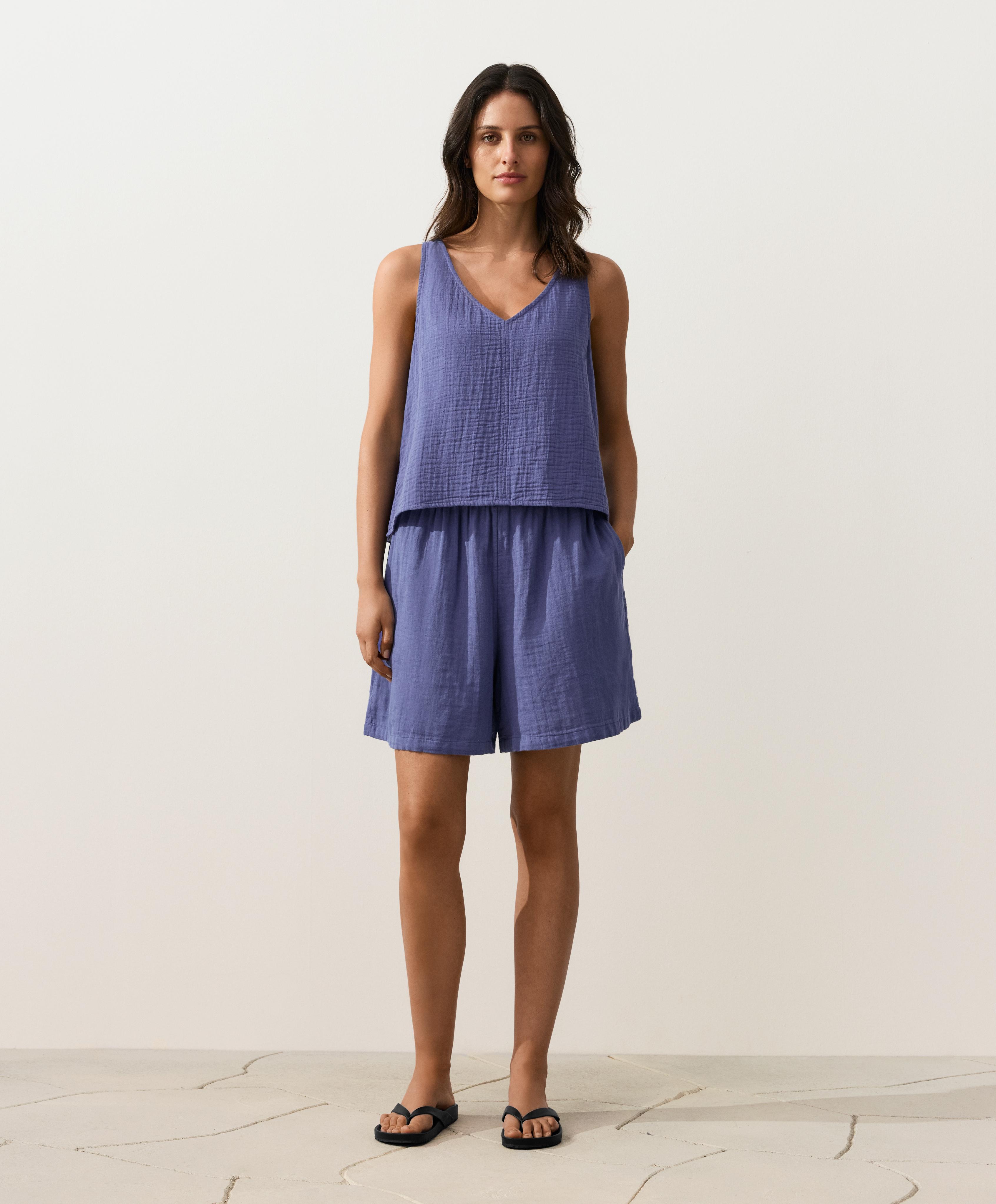 100% cotton gauze V-neck strappy top — BLUEBERRY