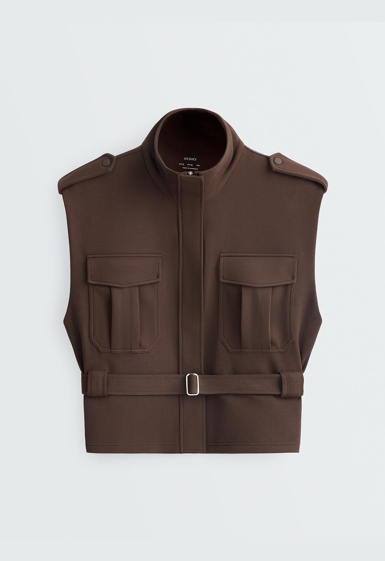 Utility piqué gilet with cotton belt — DARK BROWN