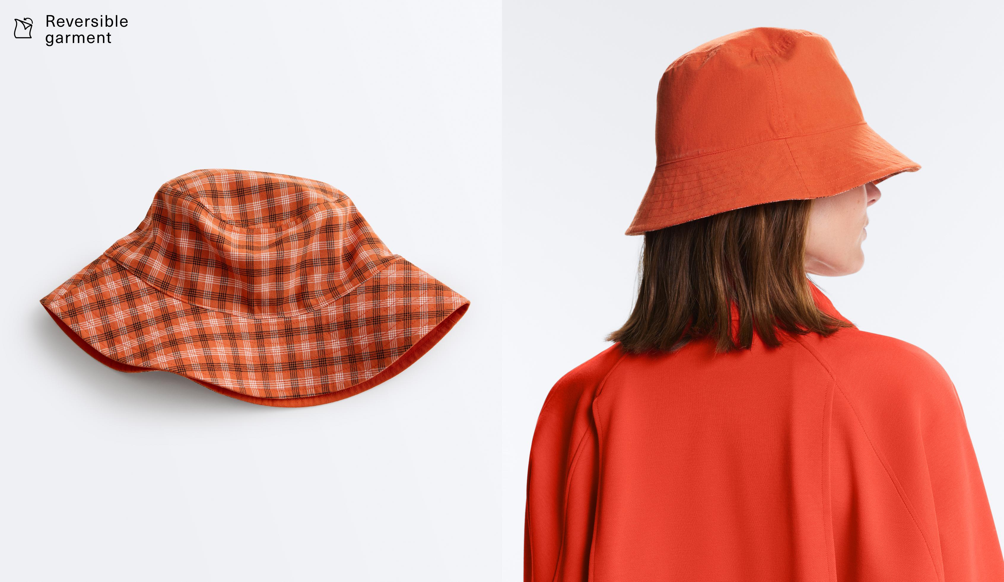 Reversible cotton blend check bucket hat — BRIGHT ORANGE