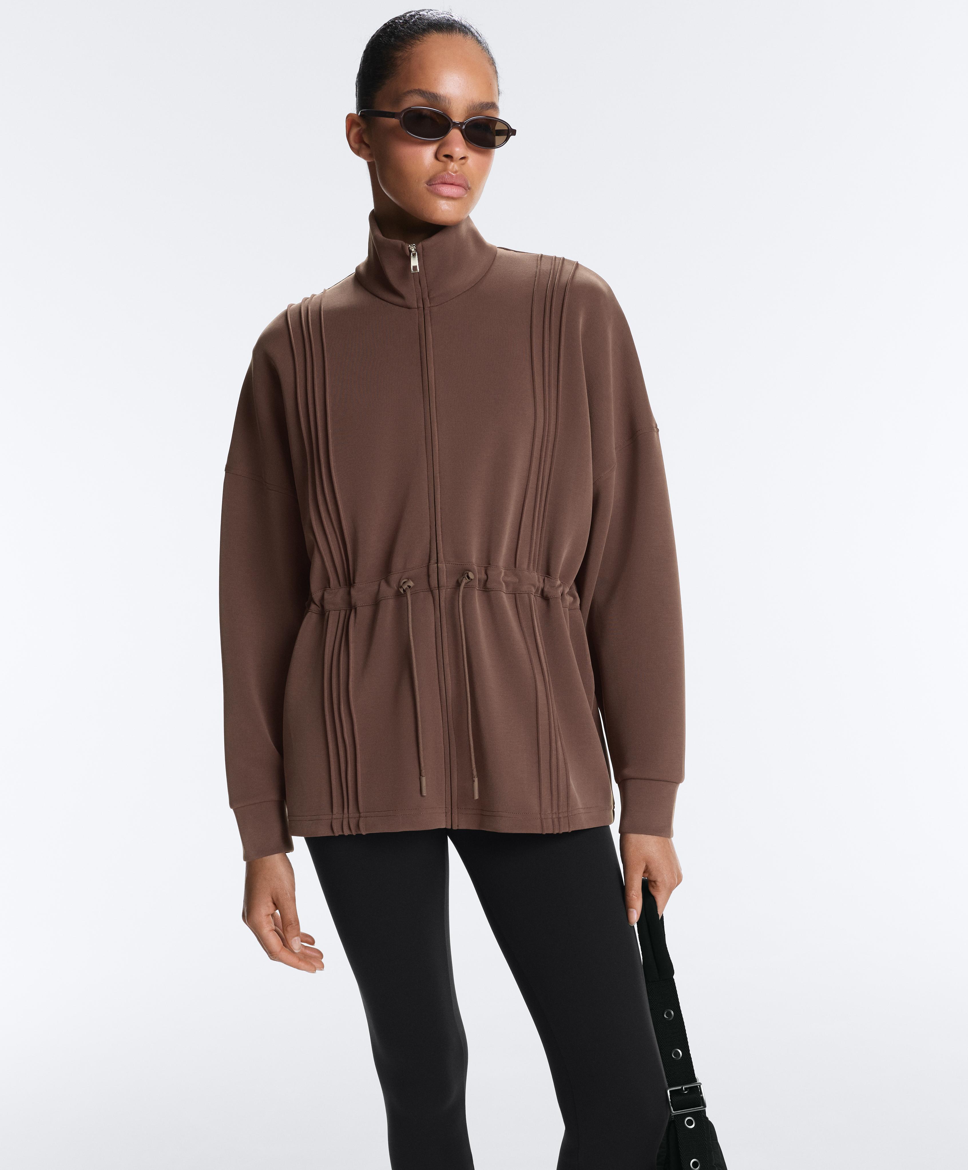 Long jacket with ribbed high neck and soft-touch modal — MID-BROWN