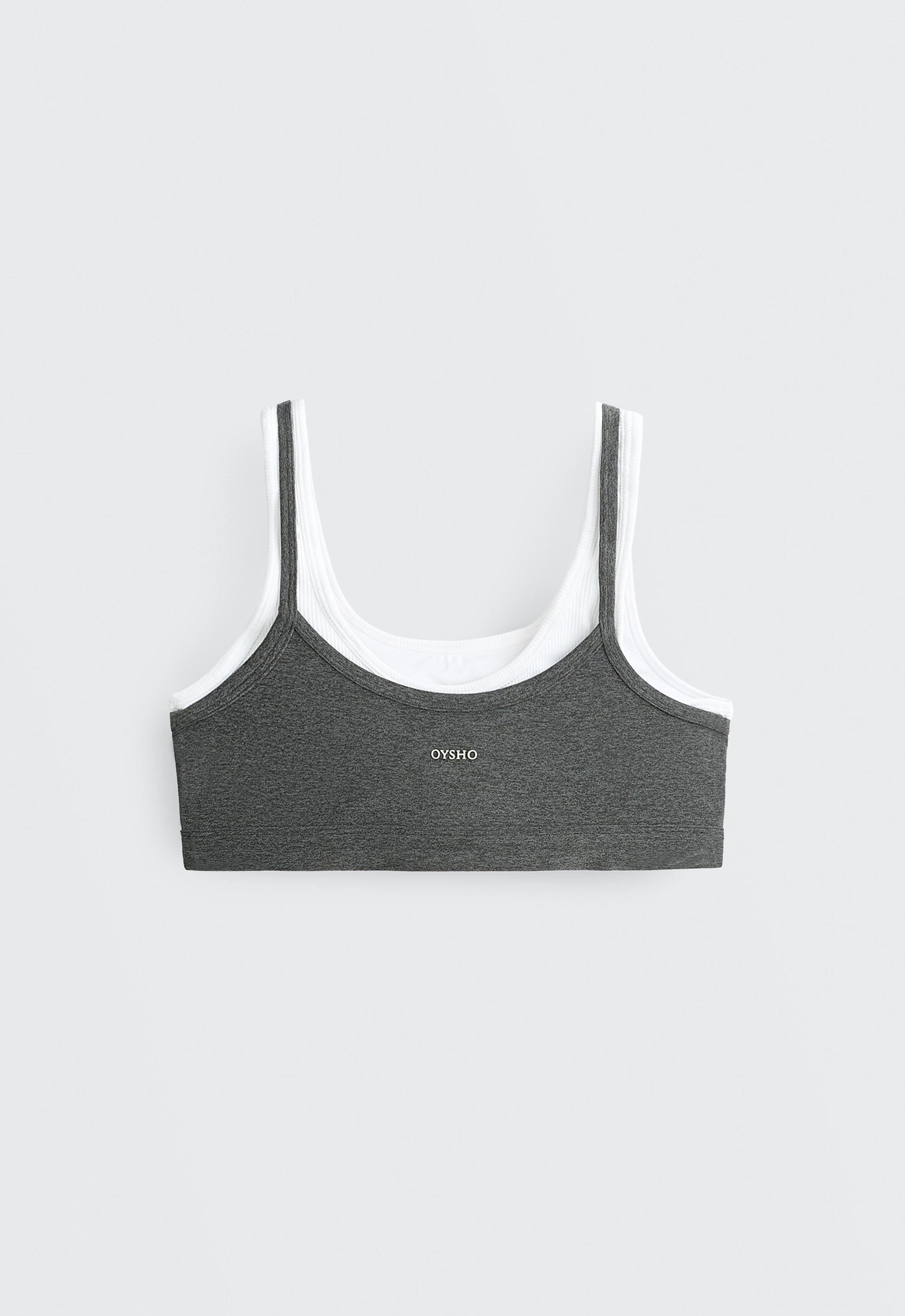 Medium-support ribbed heather sports bra with overlay — DARK GREY MELANGE