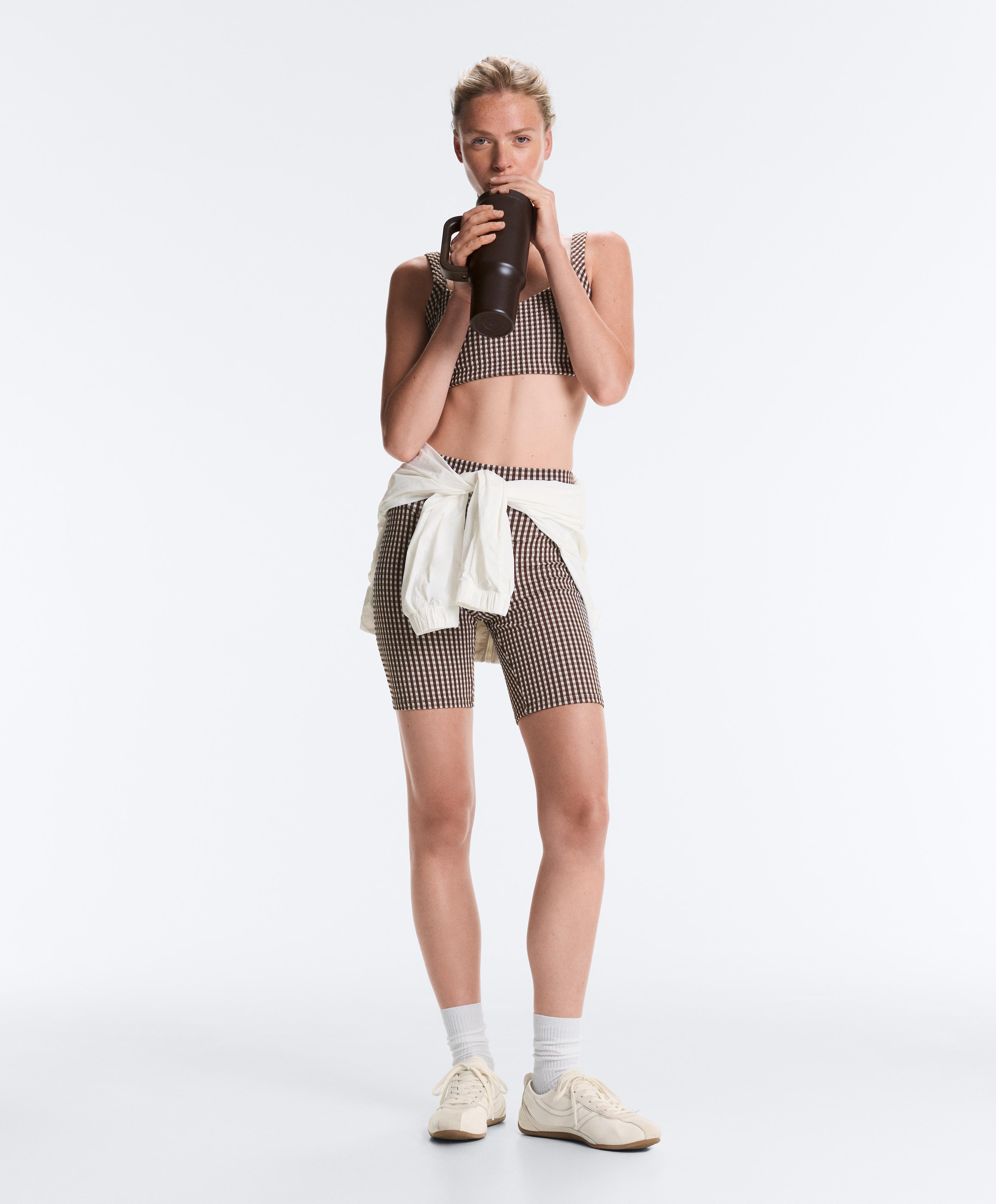 Comfortlux high-rise 20cm gingham biker leggings — DARK REDDISH‑BROWN