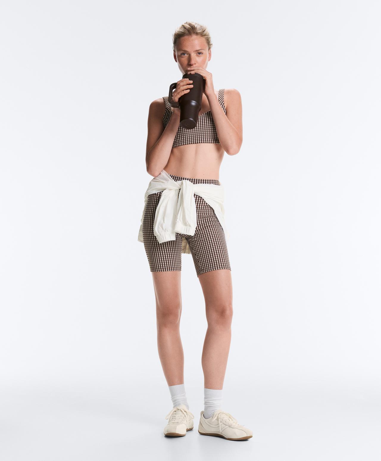 20cm high-rise Comfortlux gingham biker leggings — DARK REDDISH‑BROWN