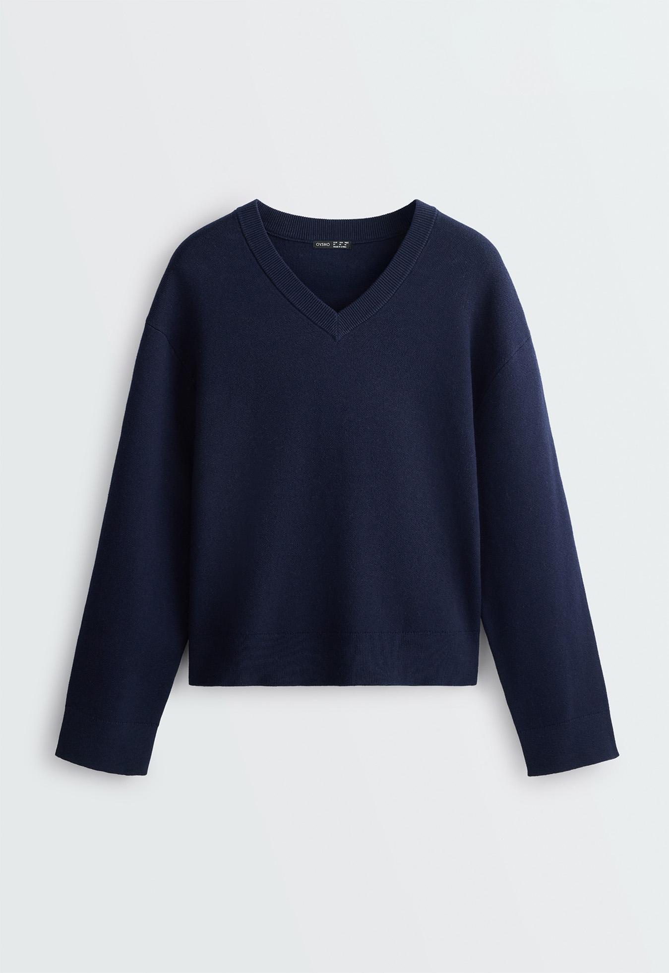 Cotton blend V-neck knit jumper — NAVY BLUE