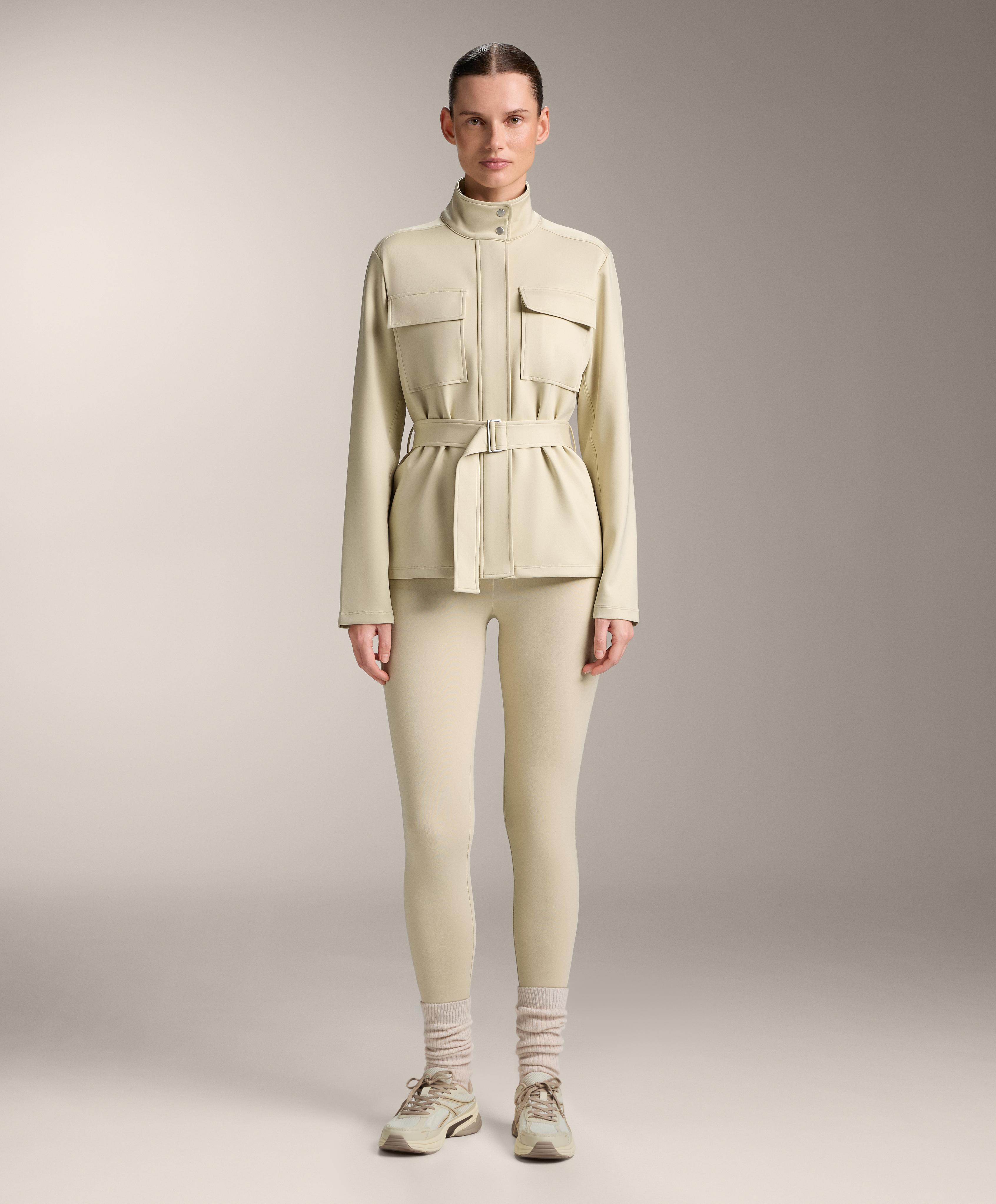 Neoprene-effect jacket with belt — PALE BEIGE MELANGE