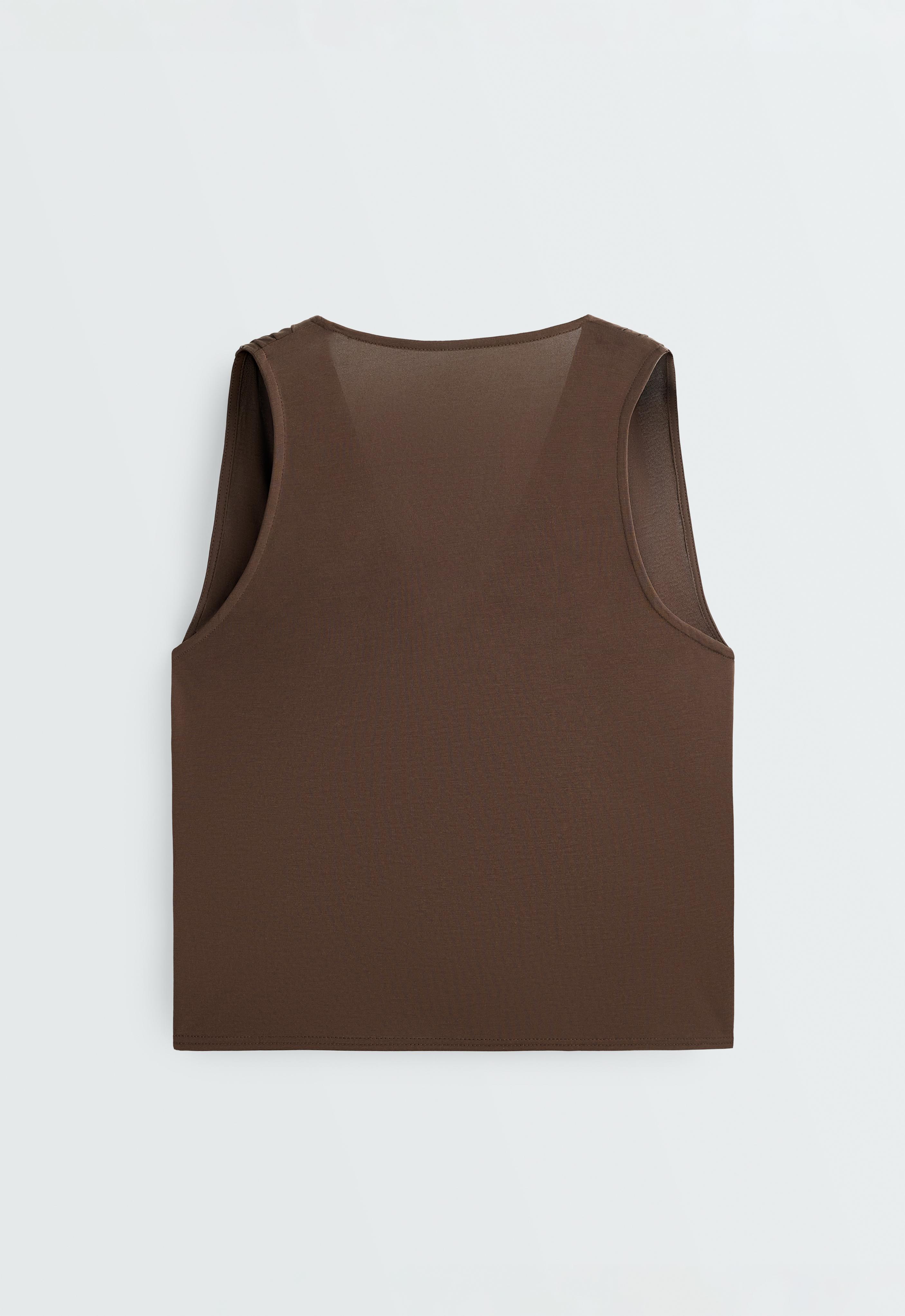 Modal blend crossover sleeveless T-shirt — DARK BROWN