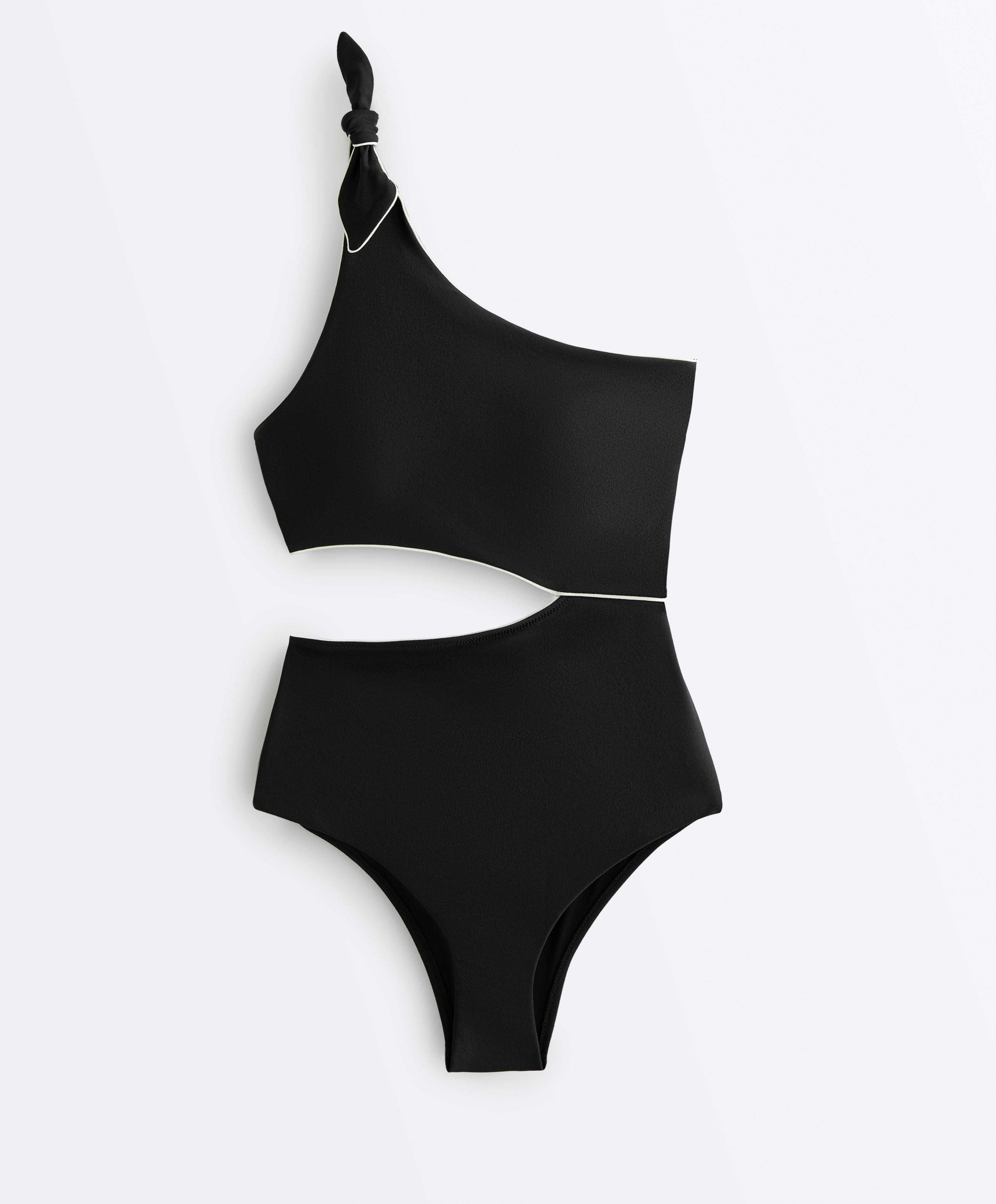 Asymmetric piping bow trikini — BLACK