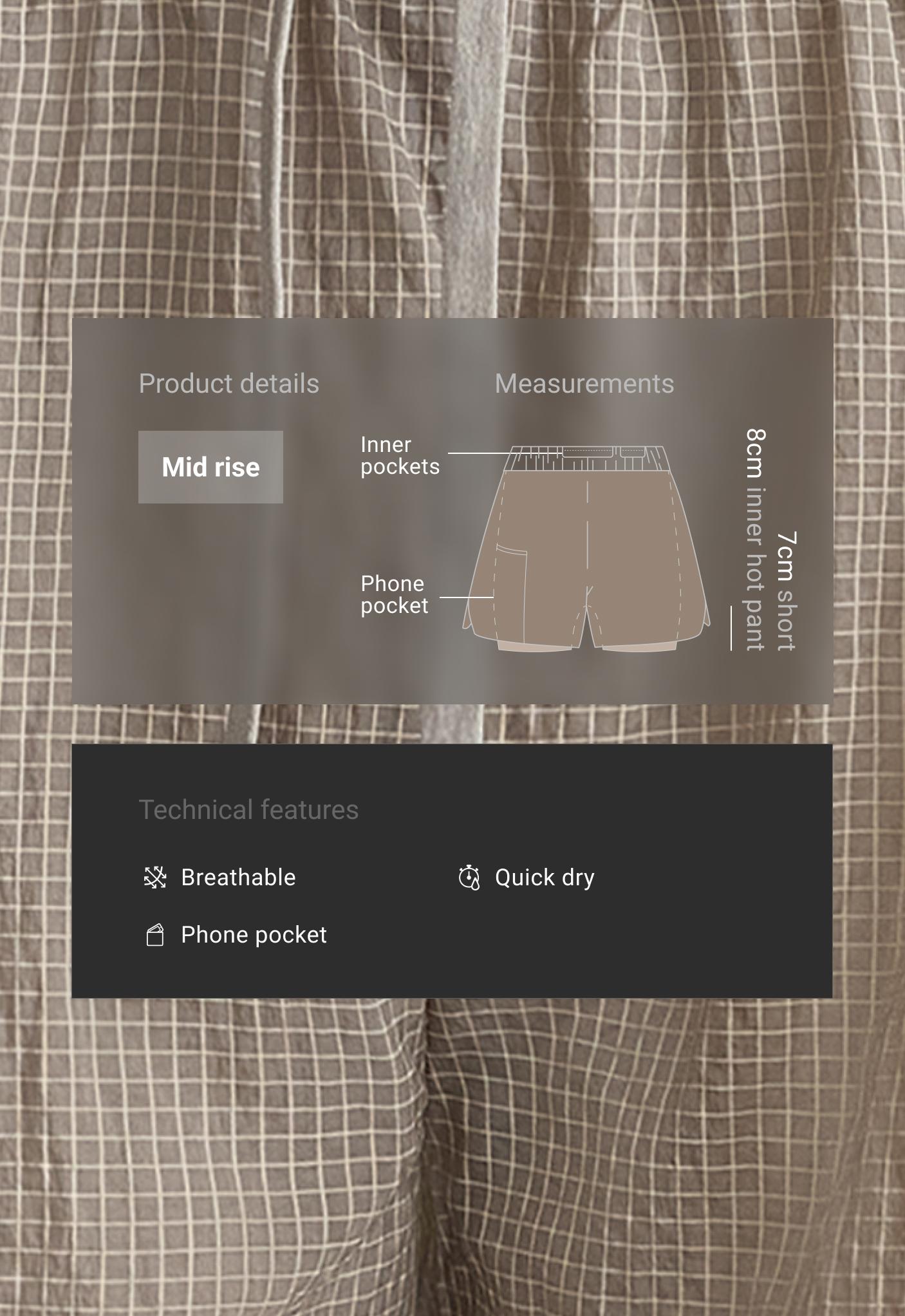 Technical 2-in-1 checked mid-rise shorts — MINK GREY