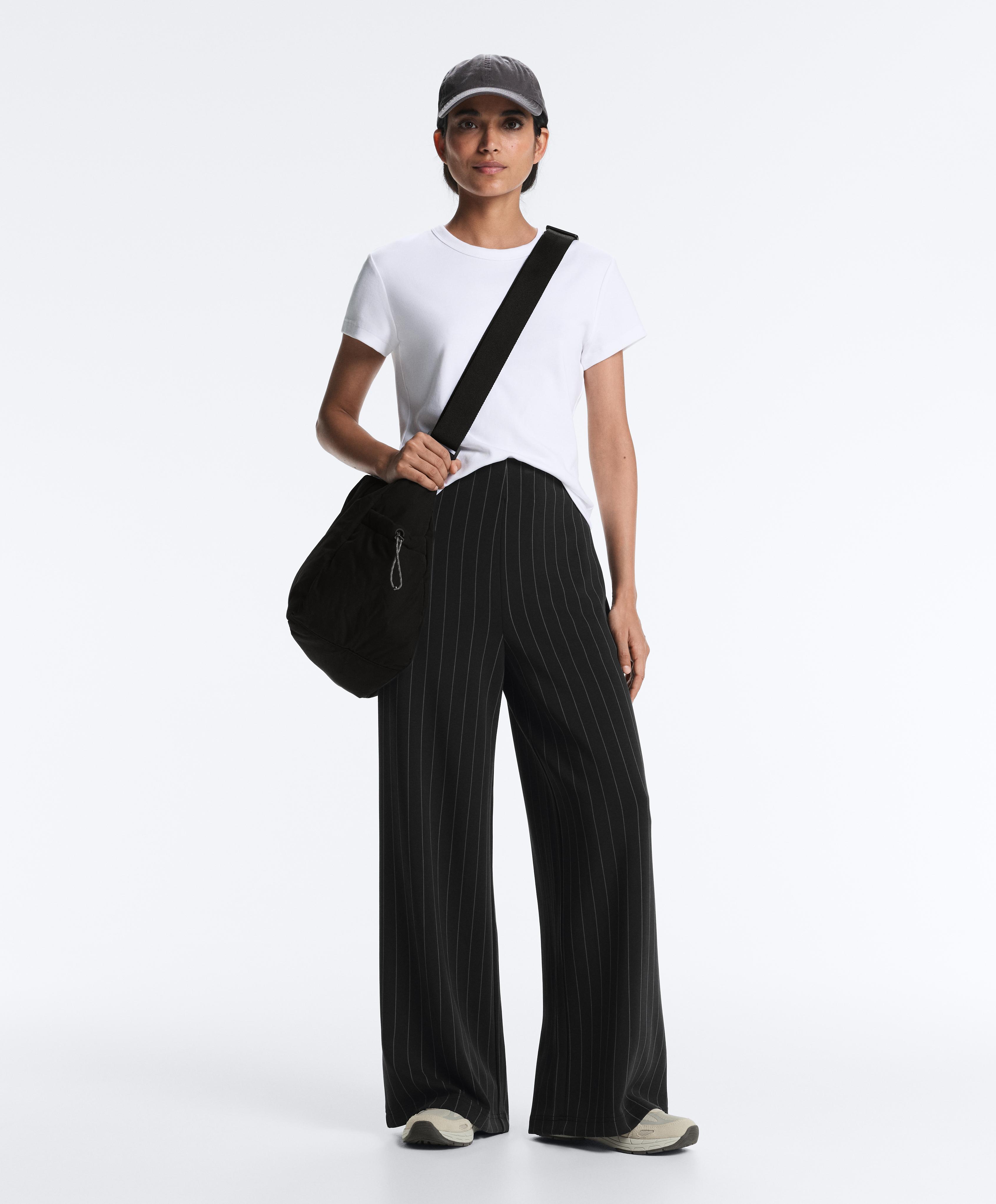 Soft touch pinstripe wide leg high rise trousers — BLACK