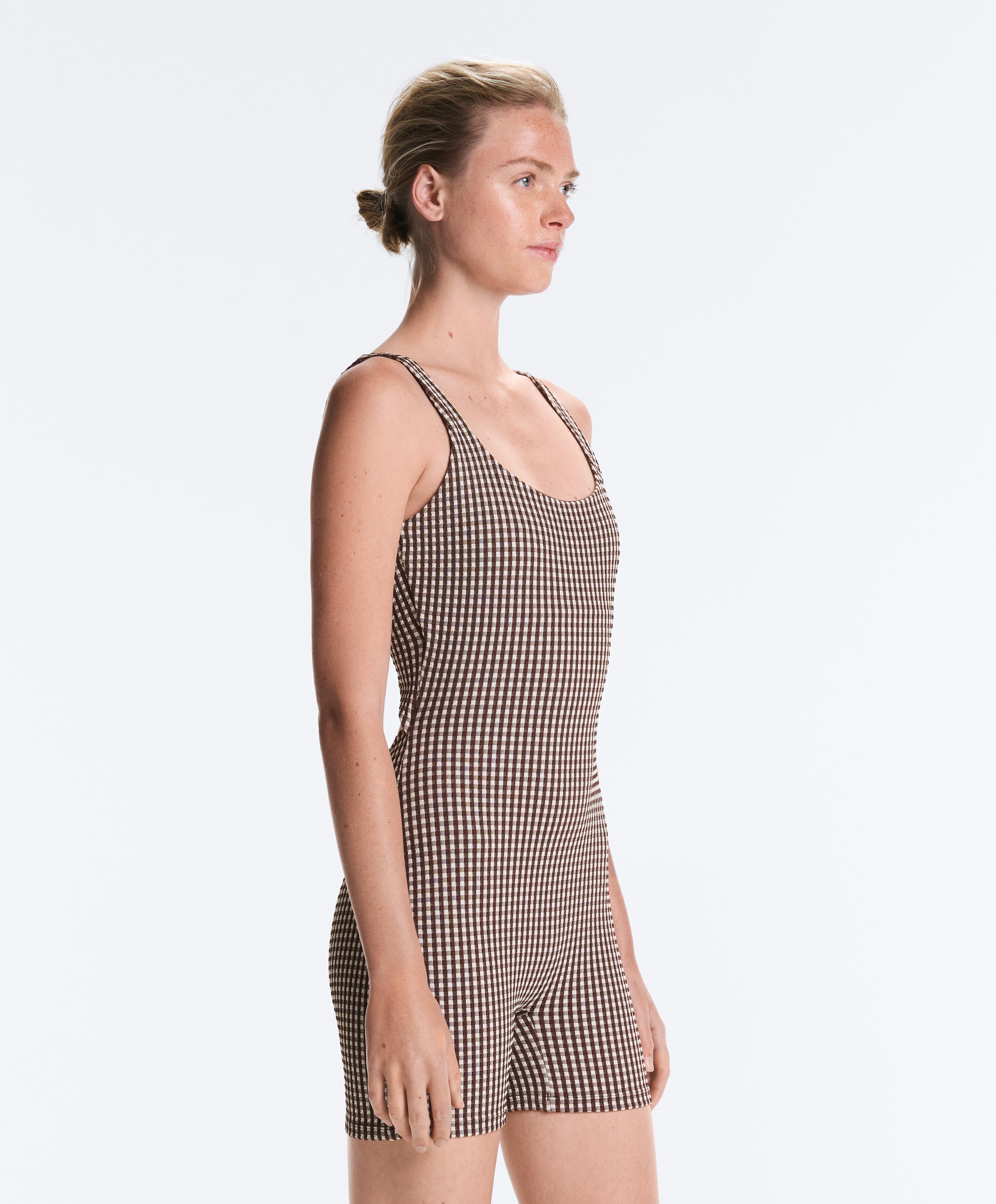 Comfortlux gingham short jumpsuit — DARK REDDISH‑BROWN