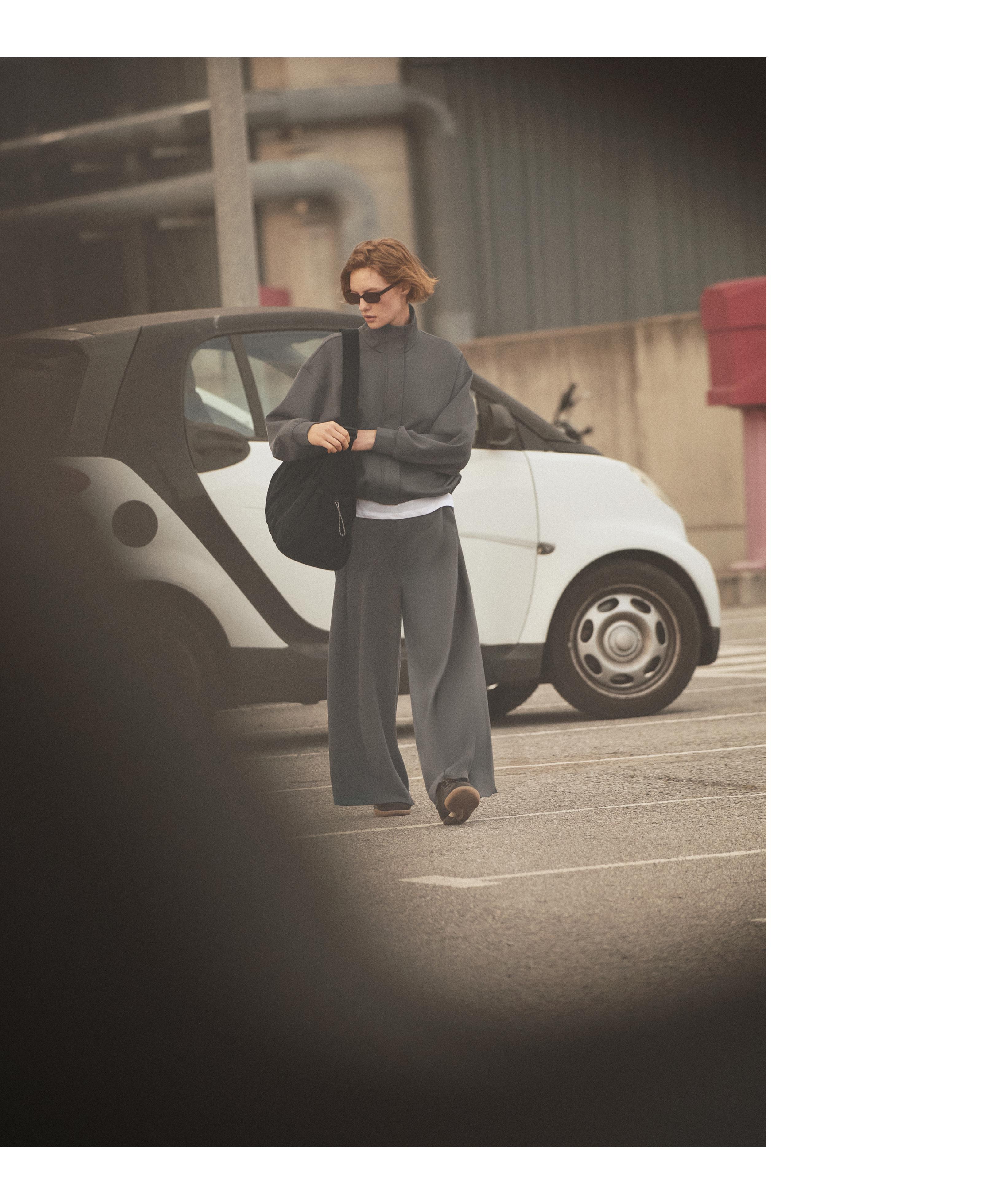 High rise wide-leg piqué cotton trousers — ASPHALT GREY