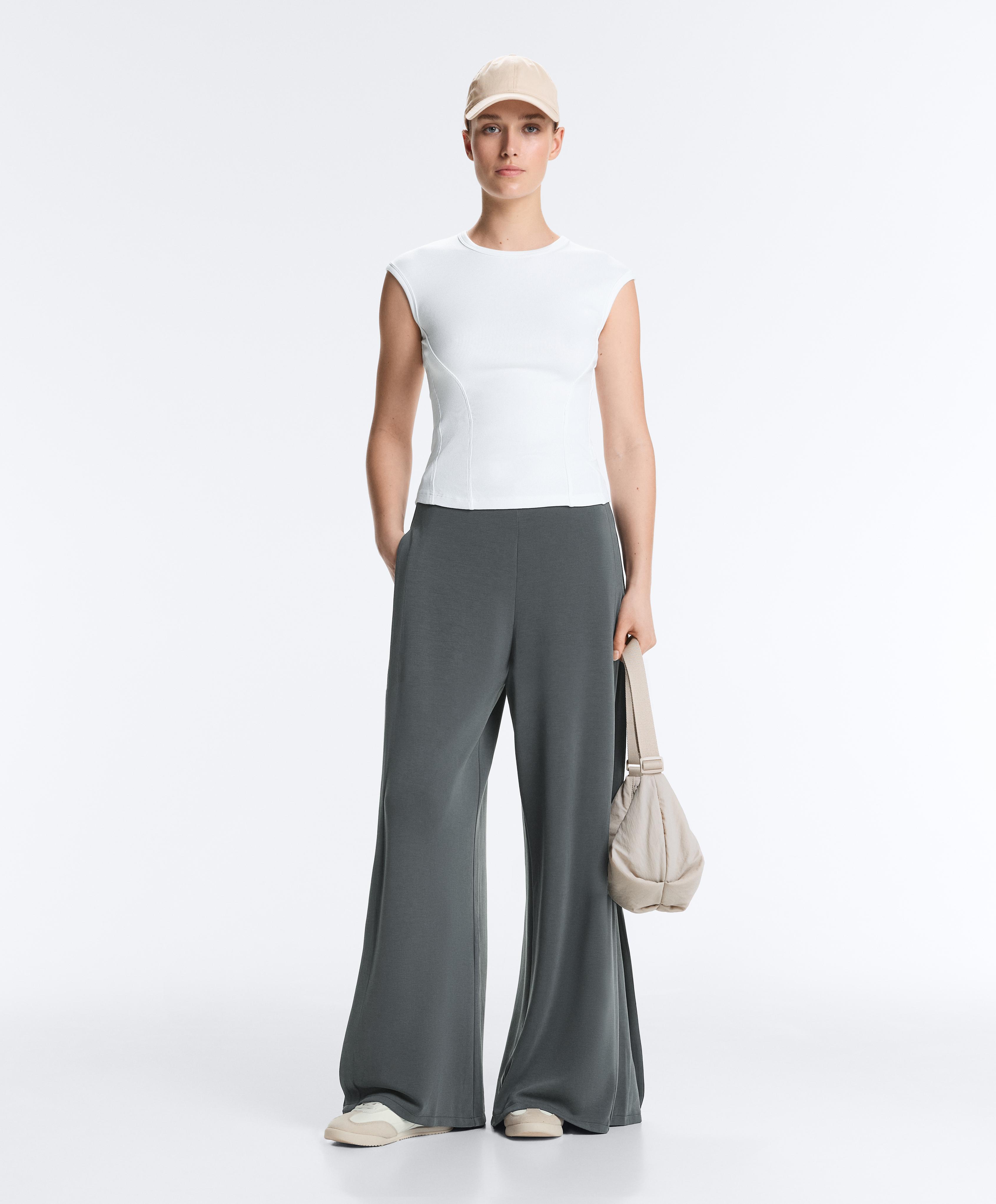 Soft-touch wide-leg trousers with side pleat and modal — ASPHALT