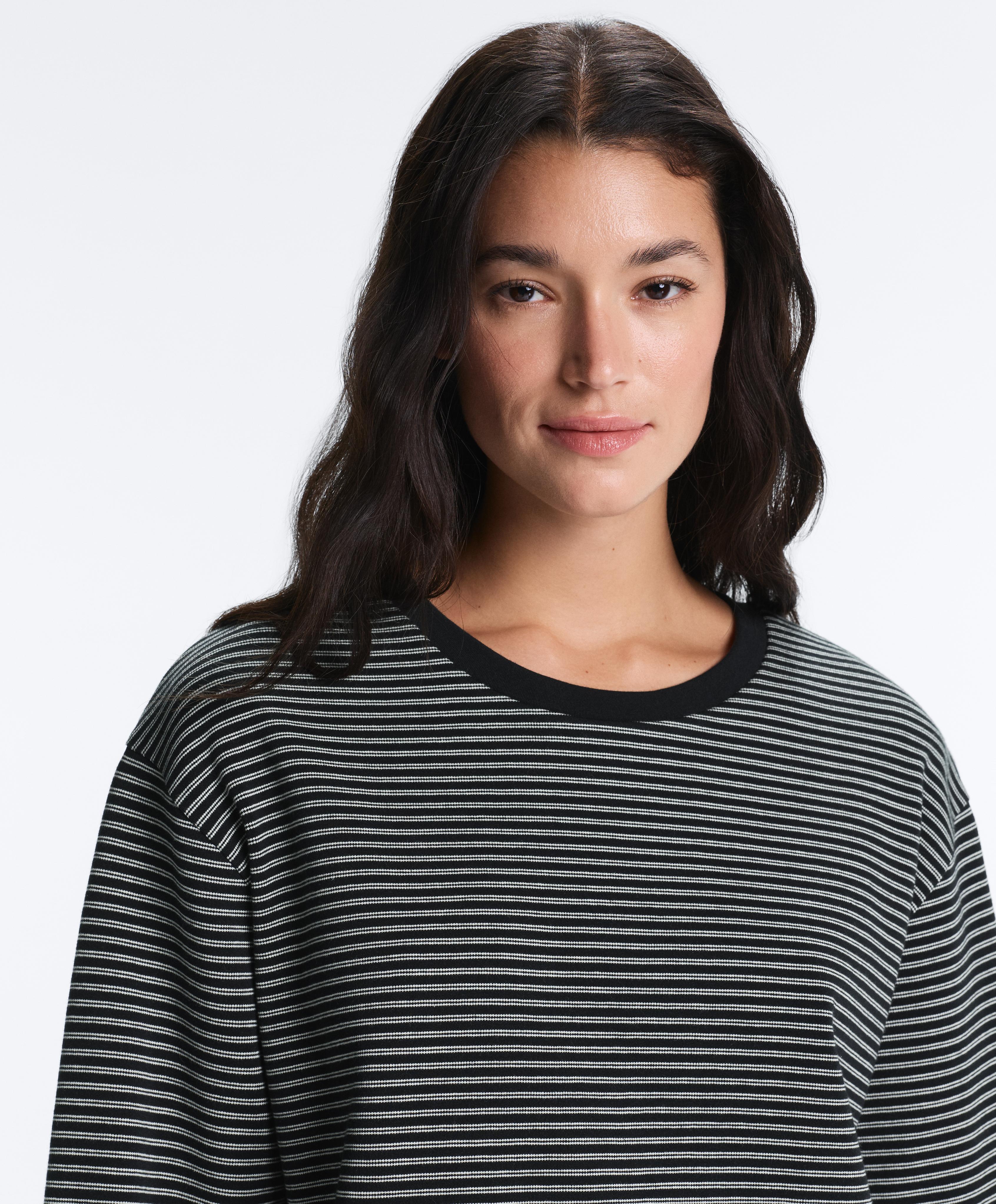 Striped cotton blend long sleeve relaxed T-shirt — BLACK
