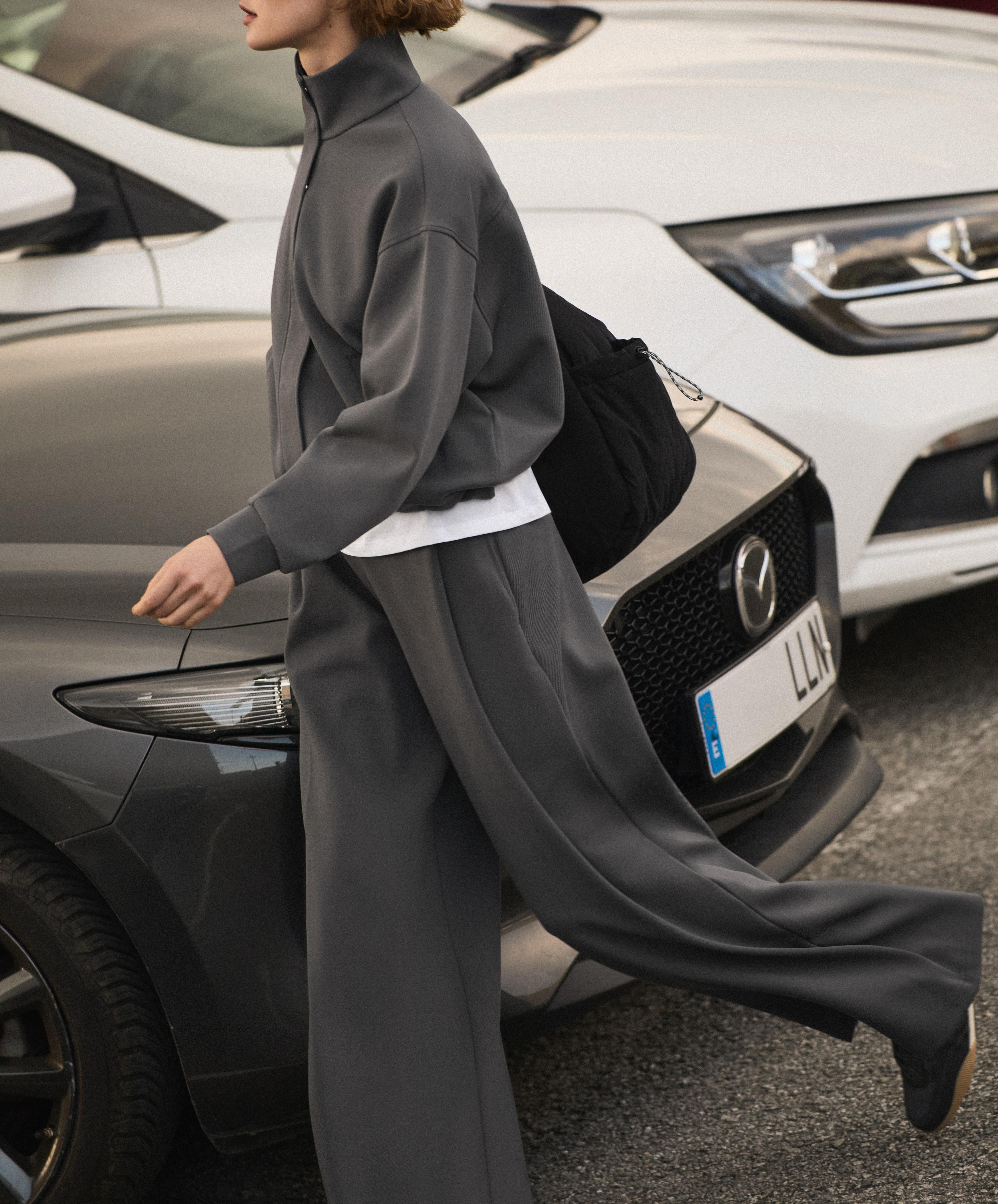 High rise wide-leg piqué cotton trousers — ASPHALT GREY