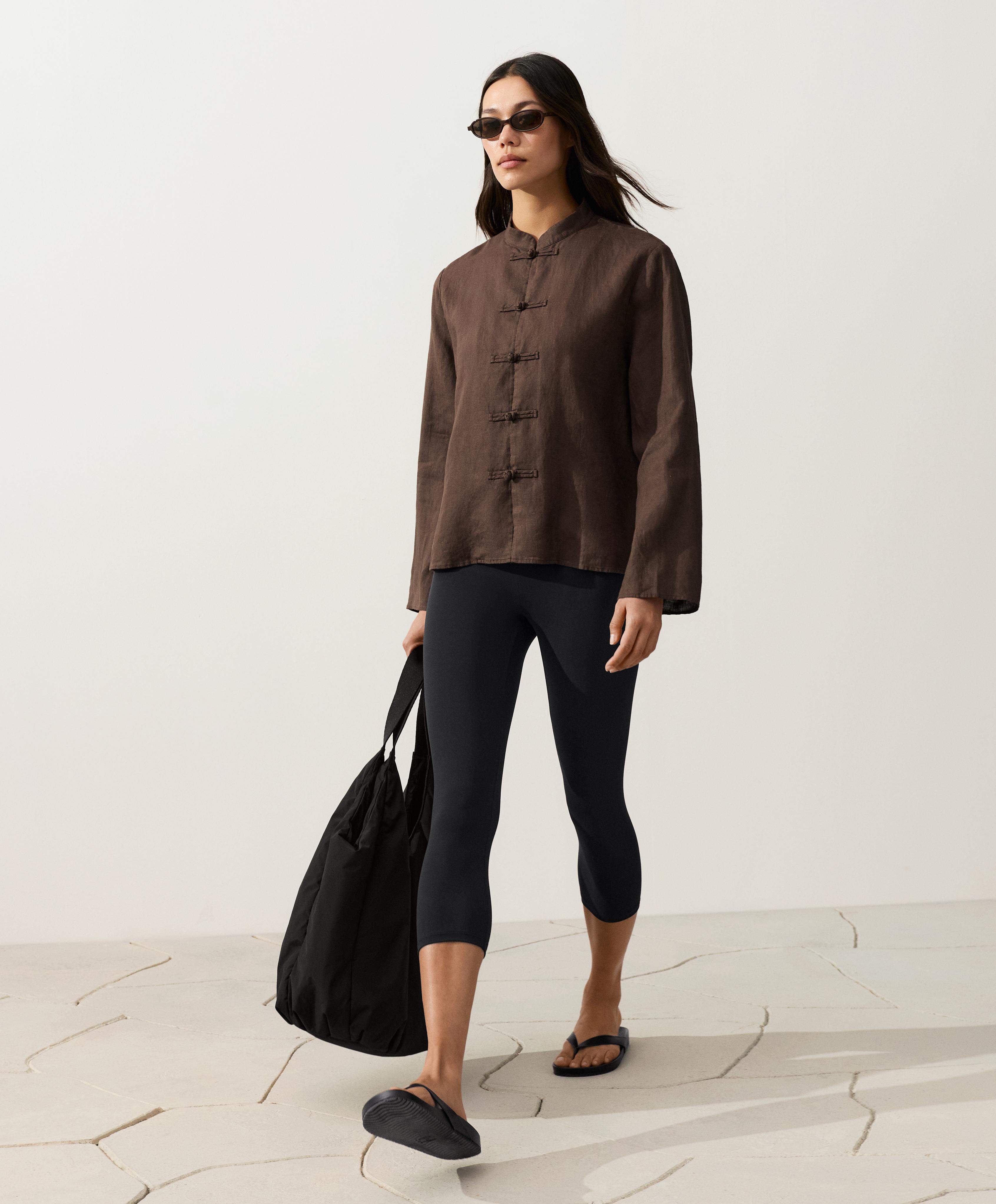 100% linen stand-up collar shirt — DARK BROWN