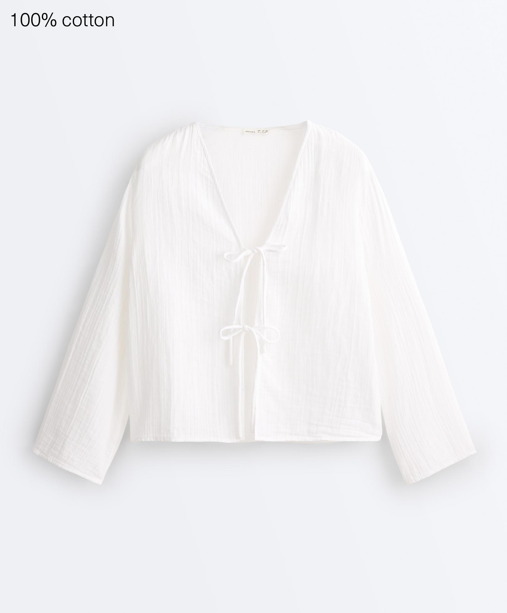 100% cotton gauze long-sleeved tie-front shirt — WHITE