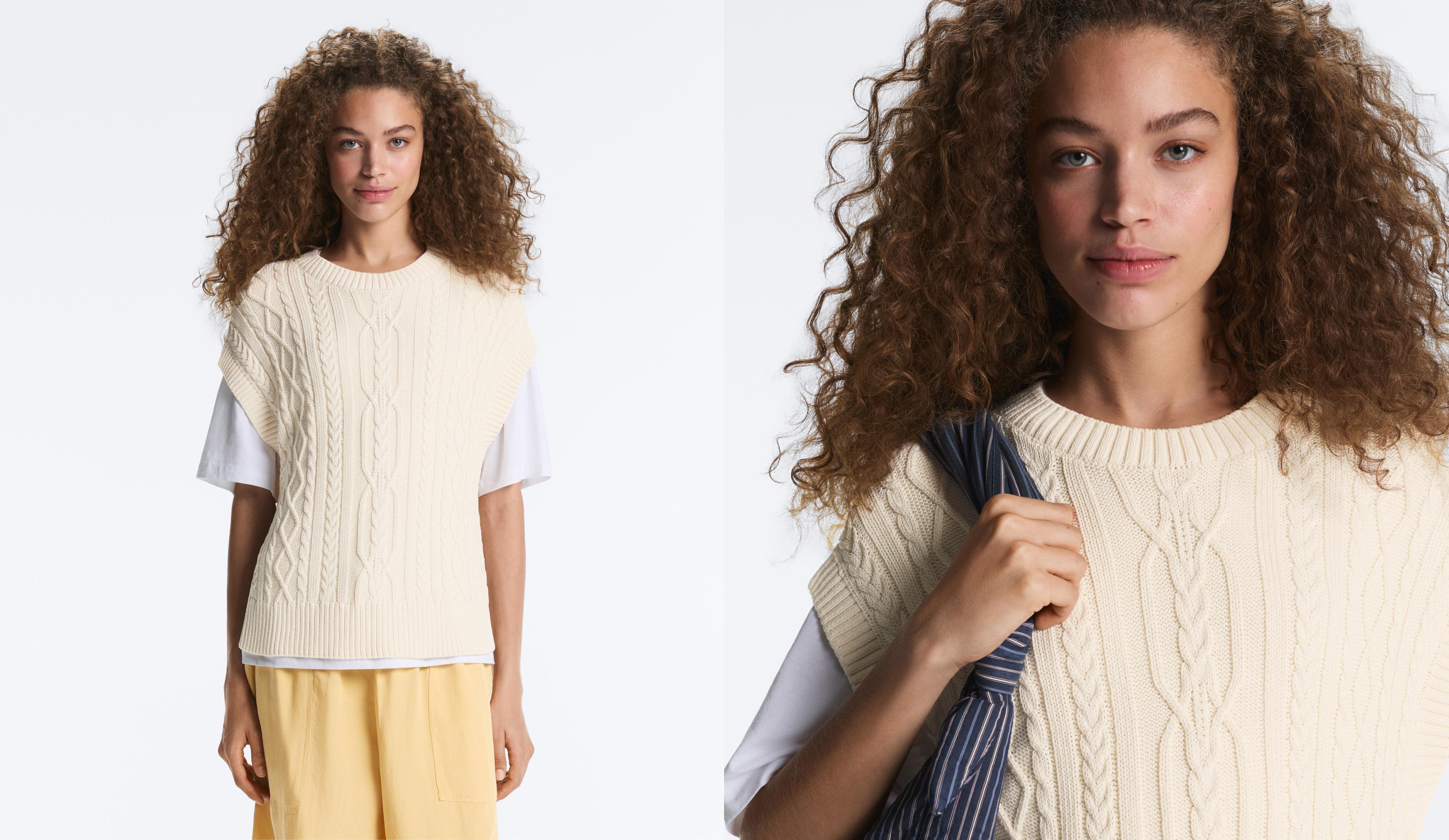 Cable knit round neck vest — ECRU