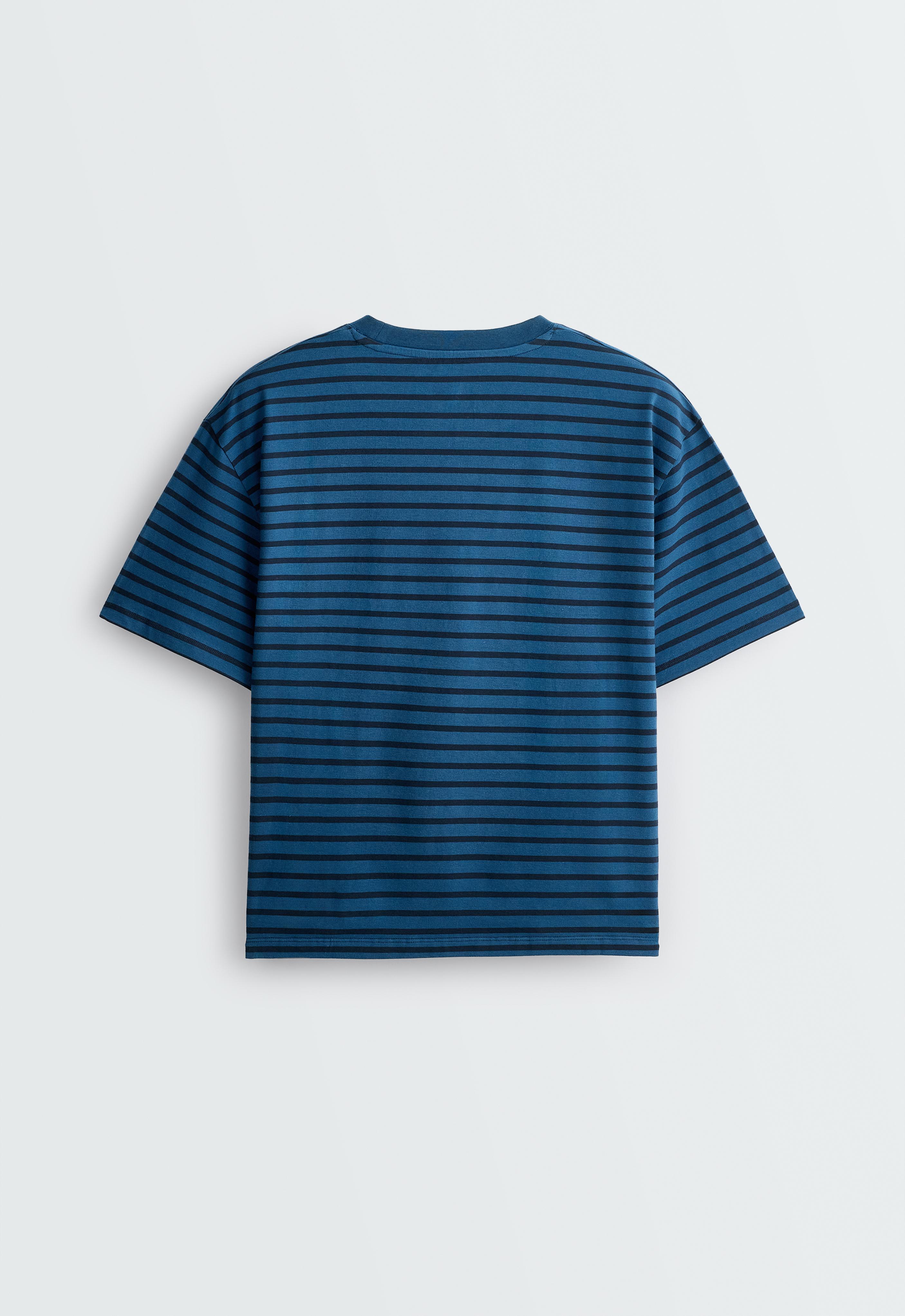 Striped boxy cotton blend short-sleeved T-shirt — NAVY BLUE