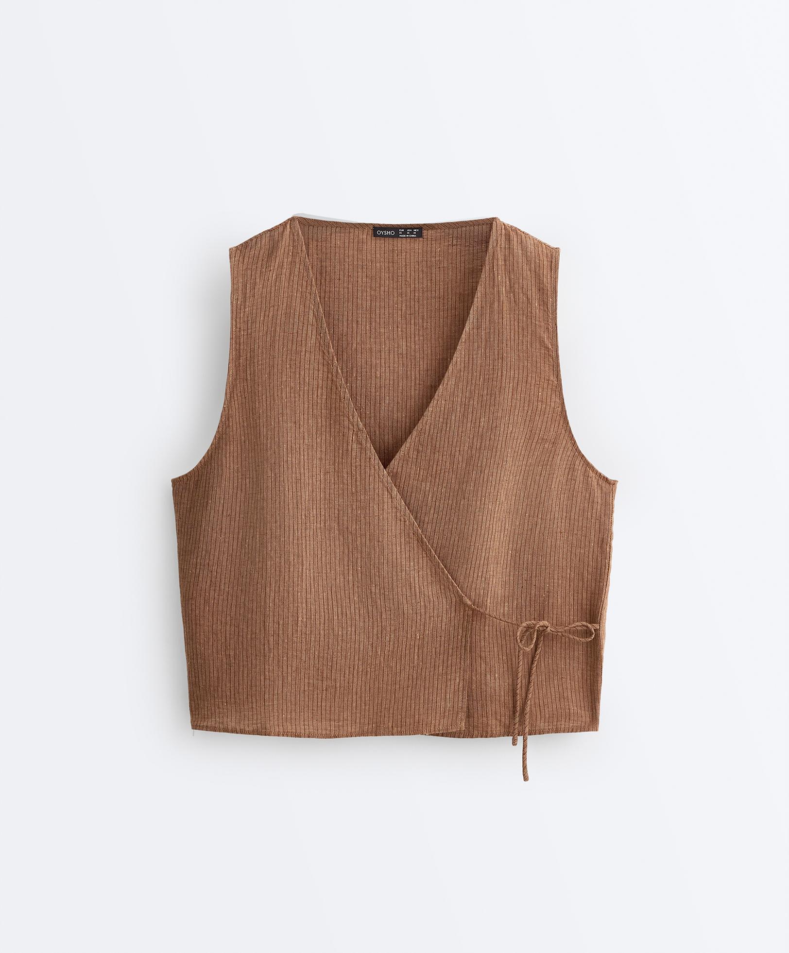 100% linen square neck crossover tie top — TAN MELANGE