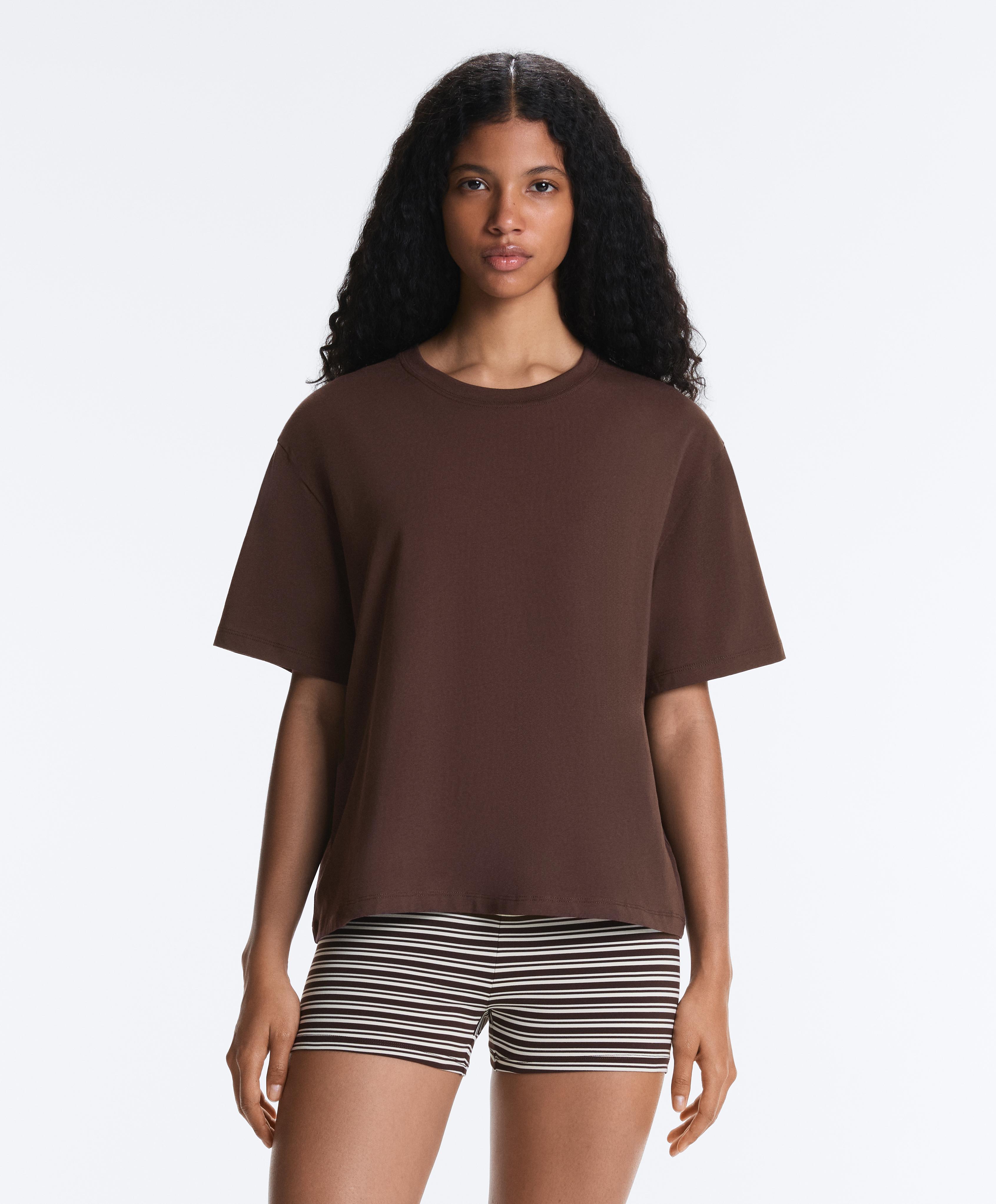 Boxy short-sleeved cotton blend T-shirt — DARK BROWN