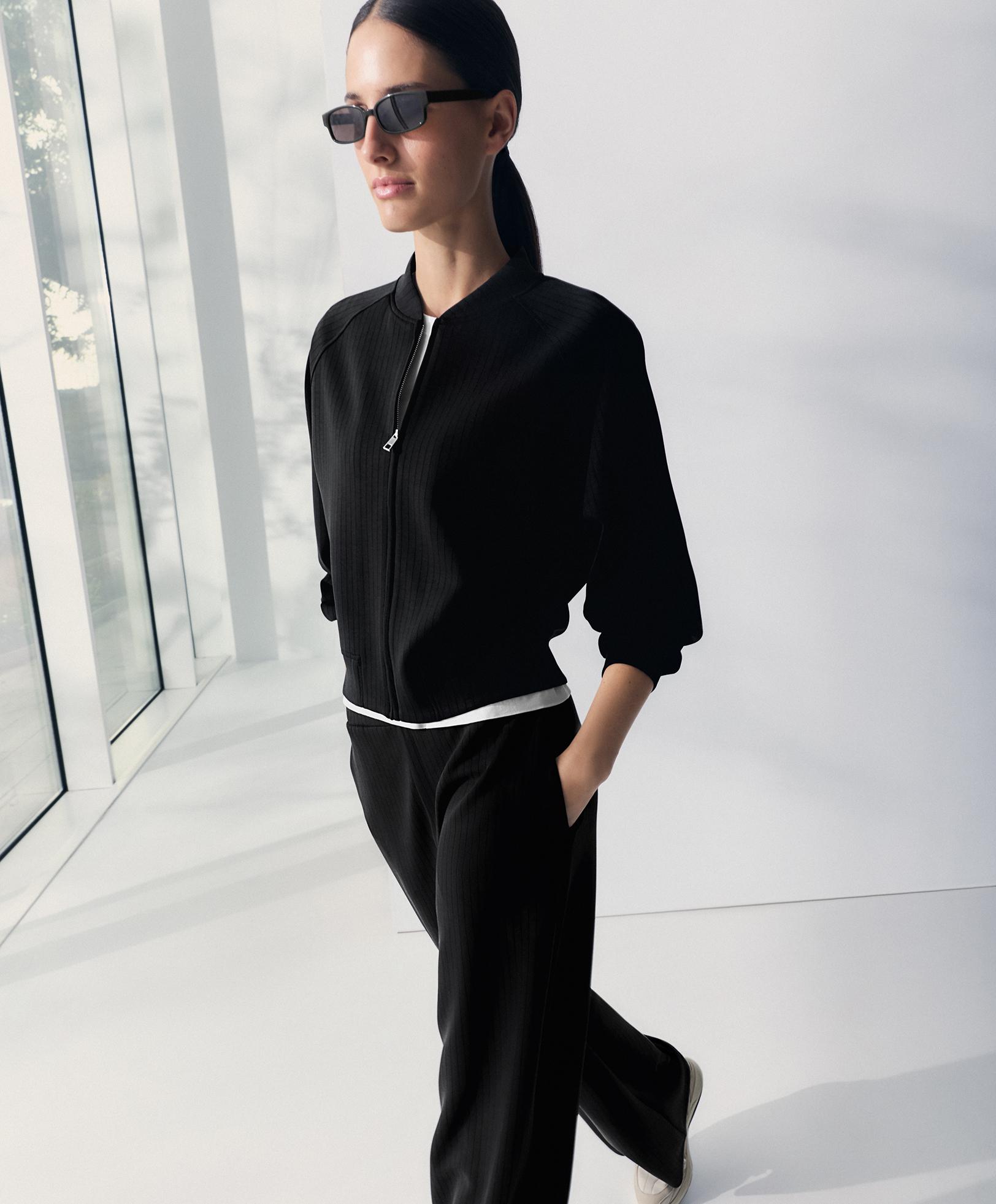 Striped bomber jacket with soft-touch modal — BLACK
