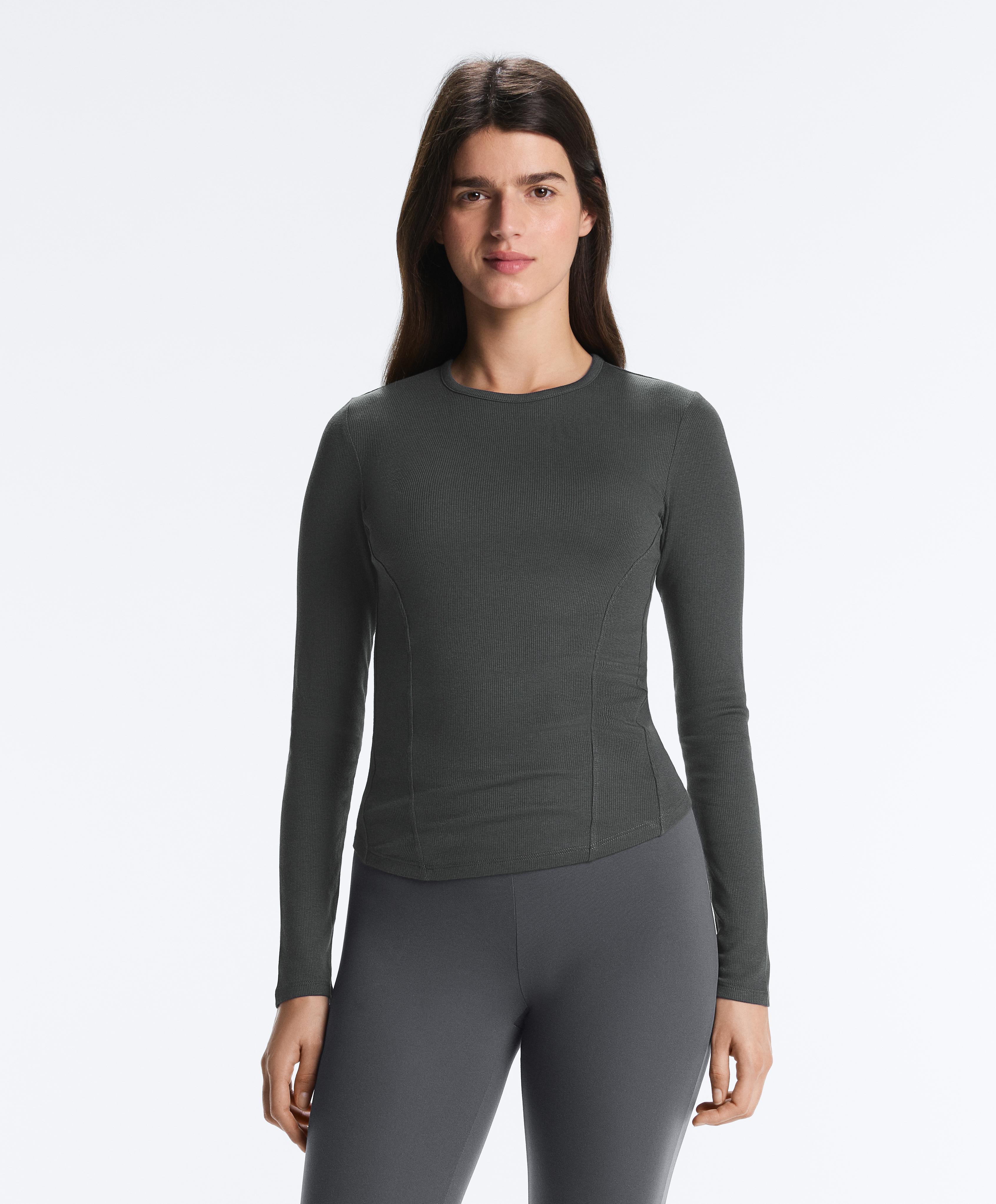 Fitted long sleeve rib T-shirt with cotton and modal — ASPHALT