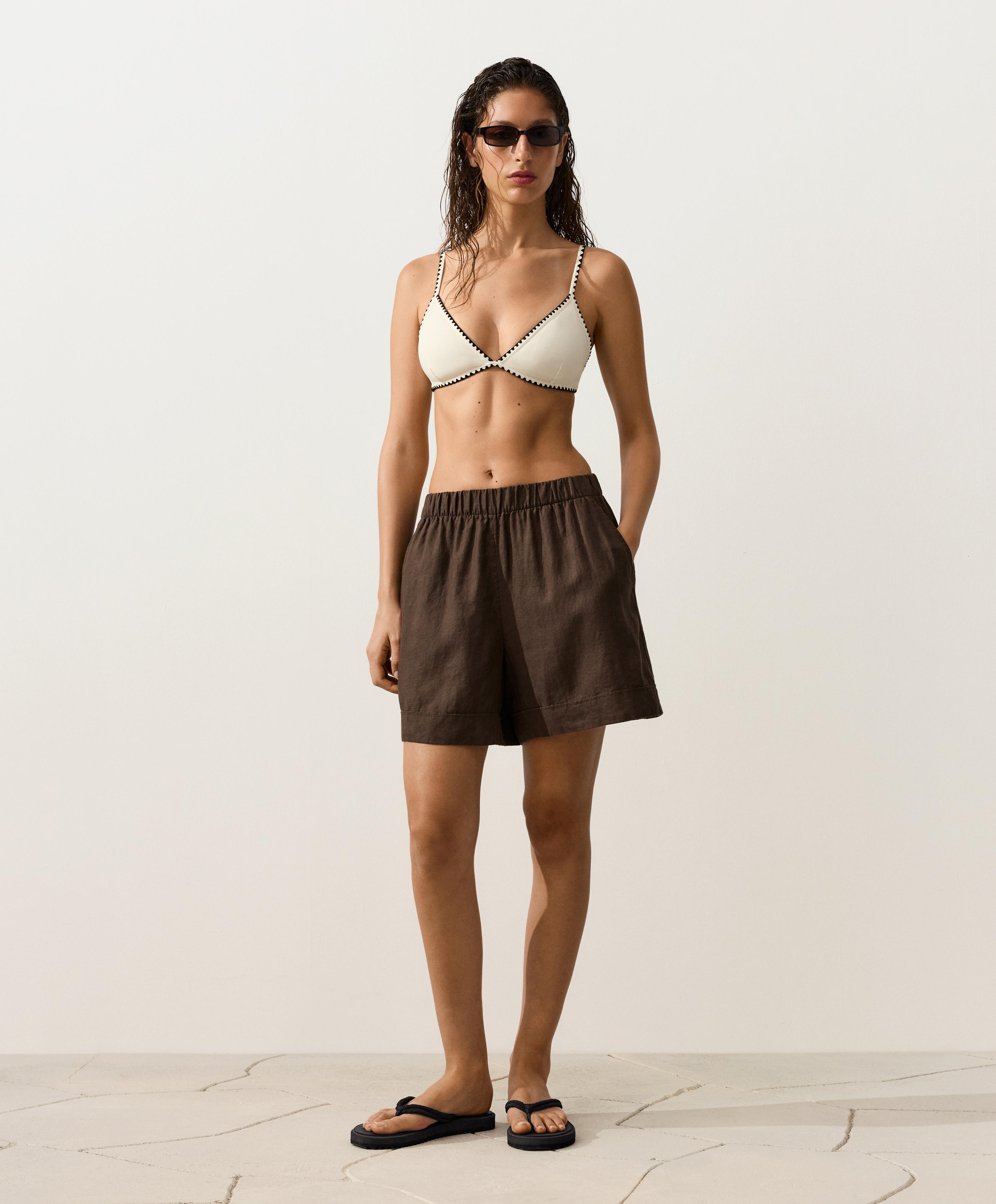 Contrast stitch triangle bikini top — PALE ECRU