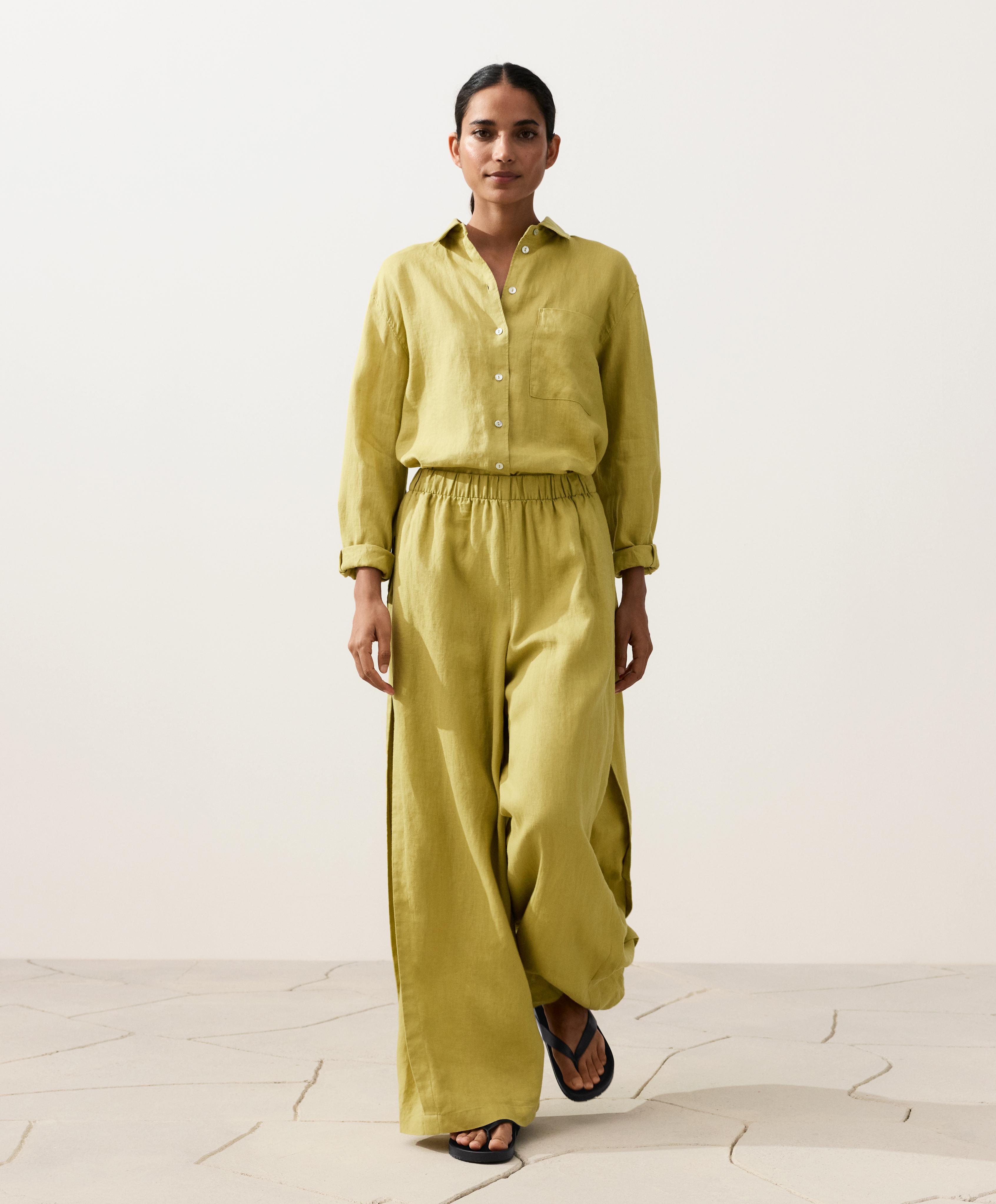 100% linen wide-leg trousers with side pleat — LIME GREEN