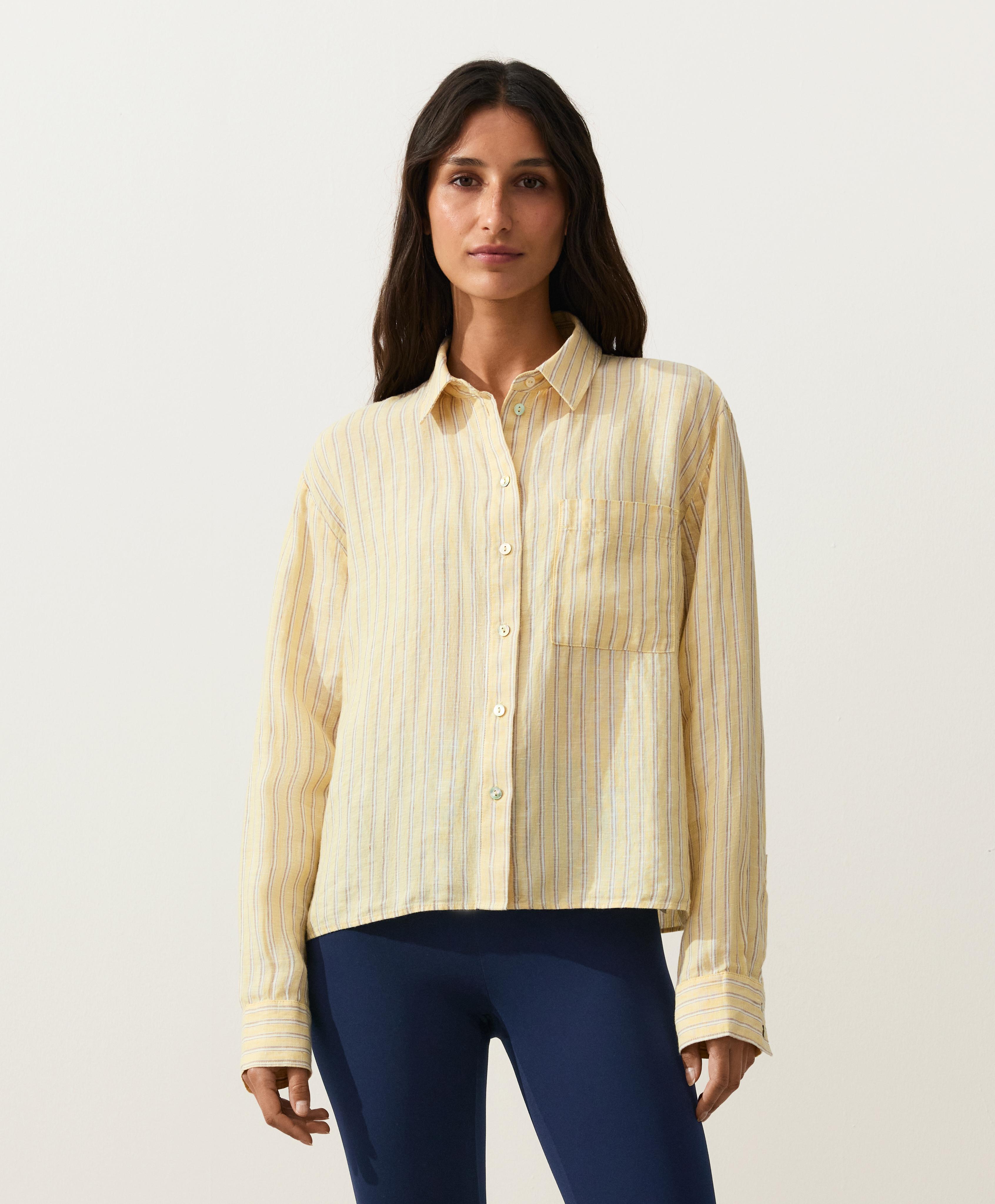 Striped 100% linen cropped shirt — SOFT YELLOW