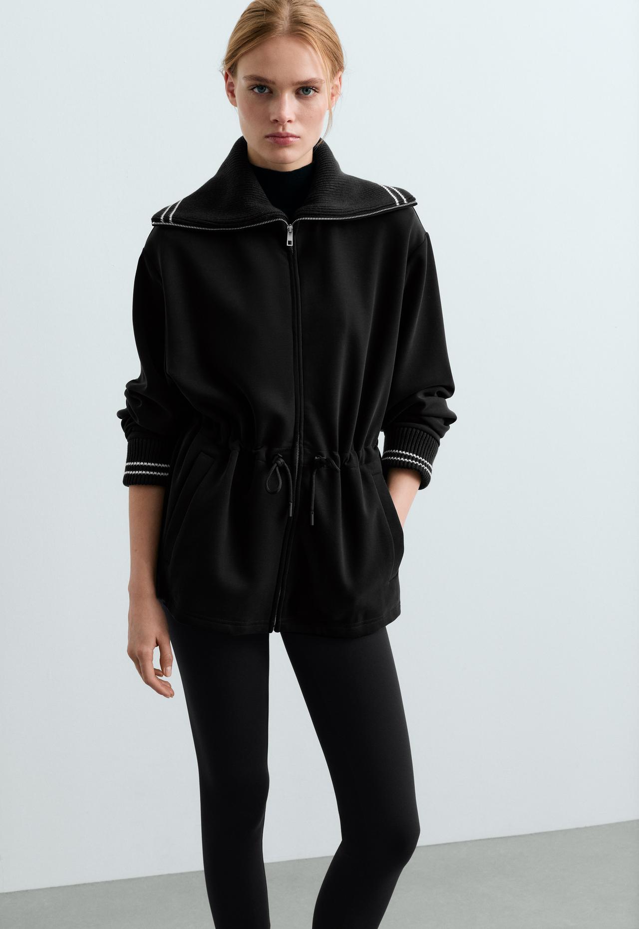 Long jacket with modal brushed piping — BLACK