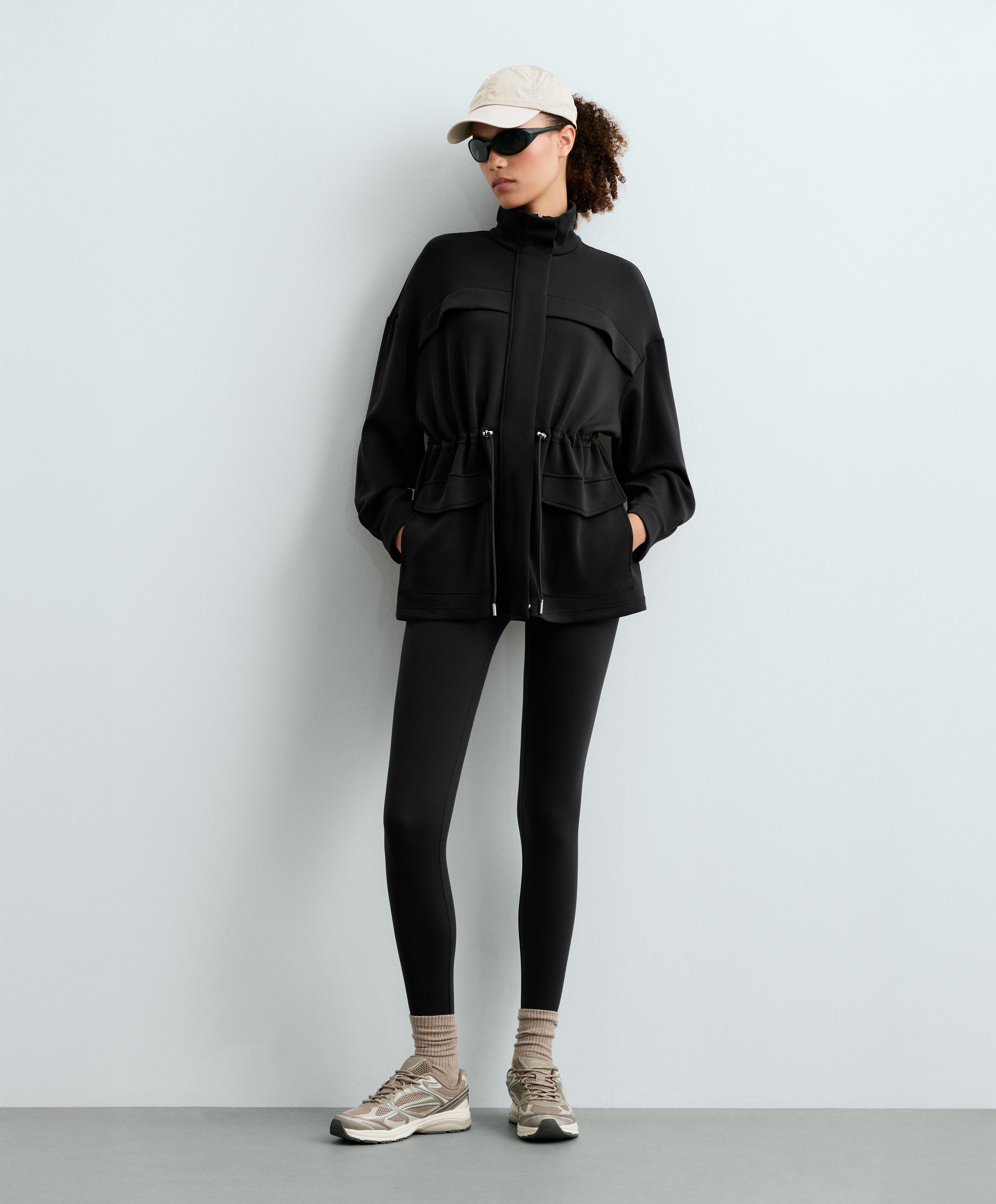 Long soft-touch modal jacket with pockets — BLACK
