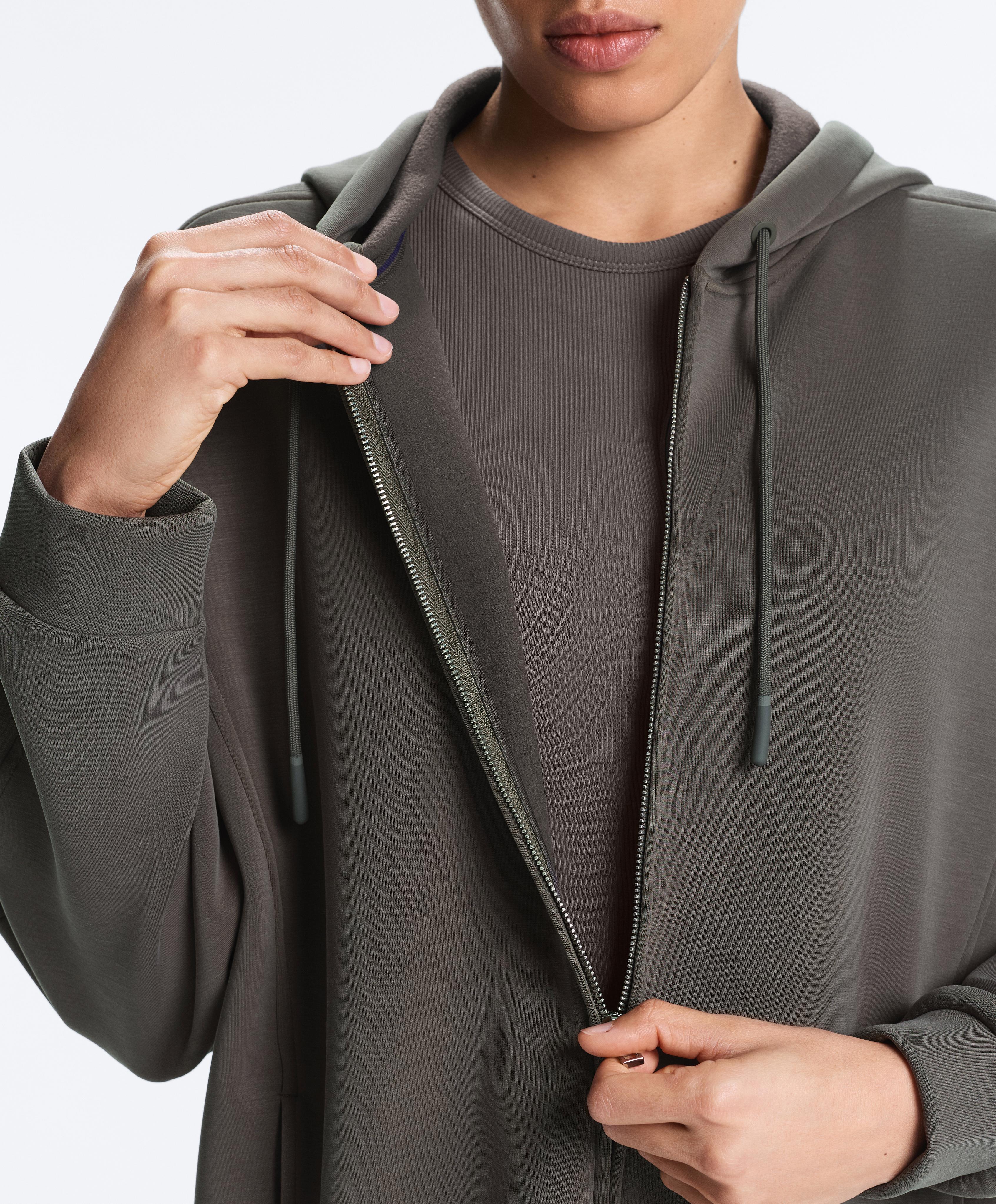 Long hooded jacket with rib details and brushed modal — CHARCOAL GREY