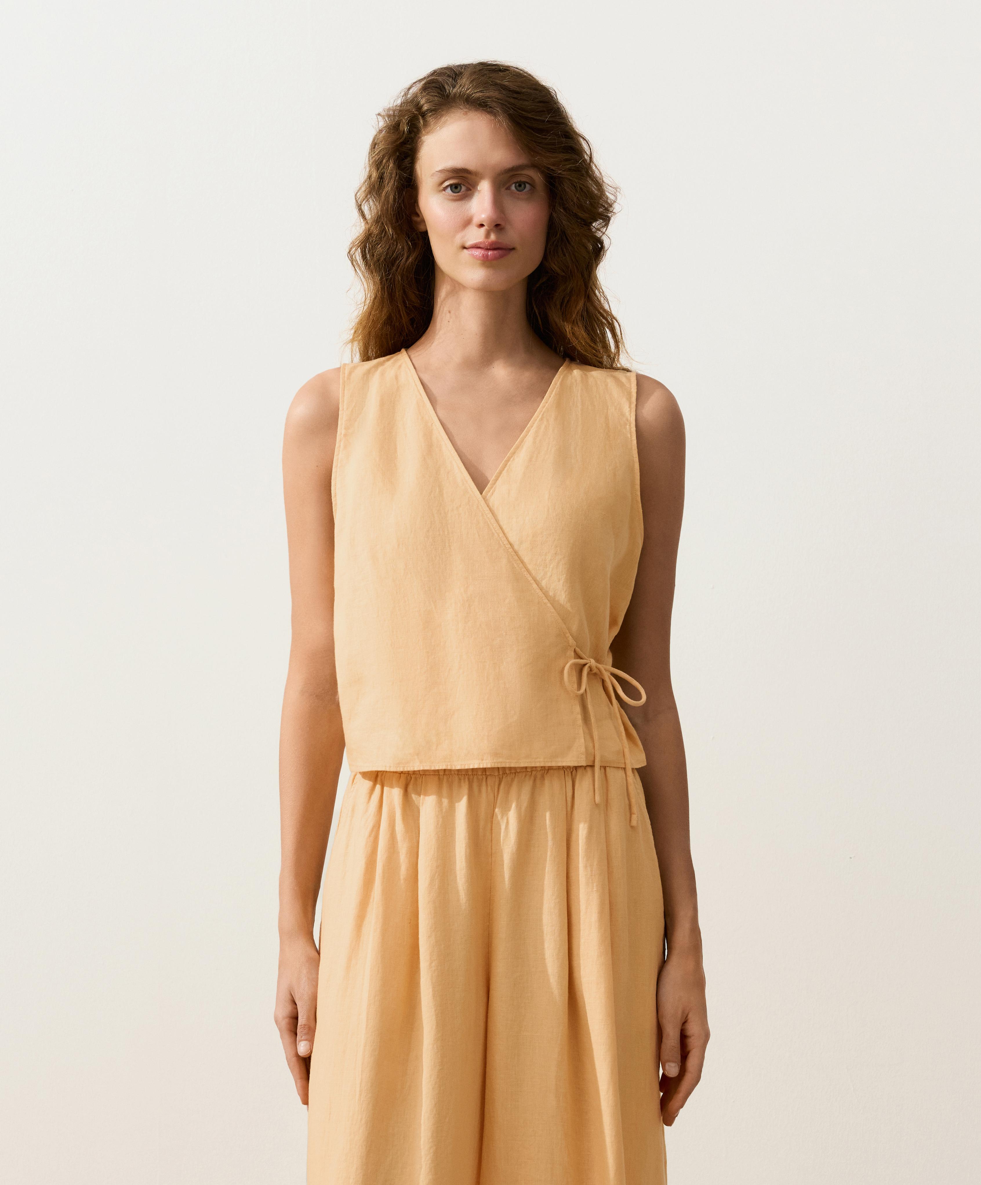 100% linen square neck crossover tie top — BURNT YELLOW