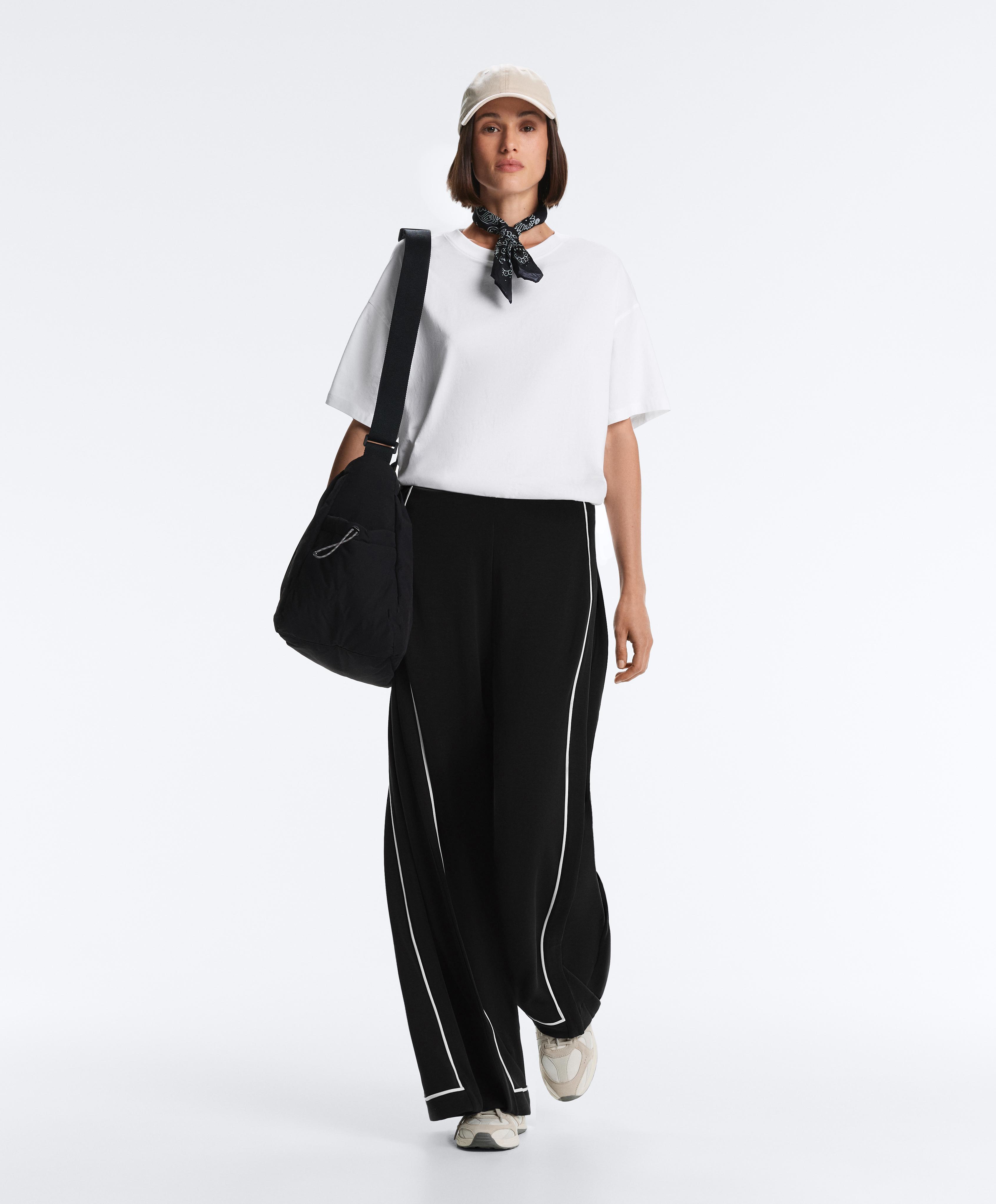 Soft-touch modal wide-leg trousers with contrast piping — BLACK