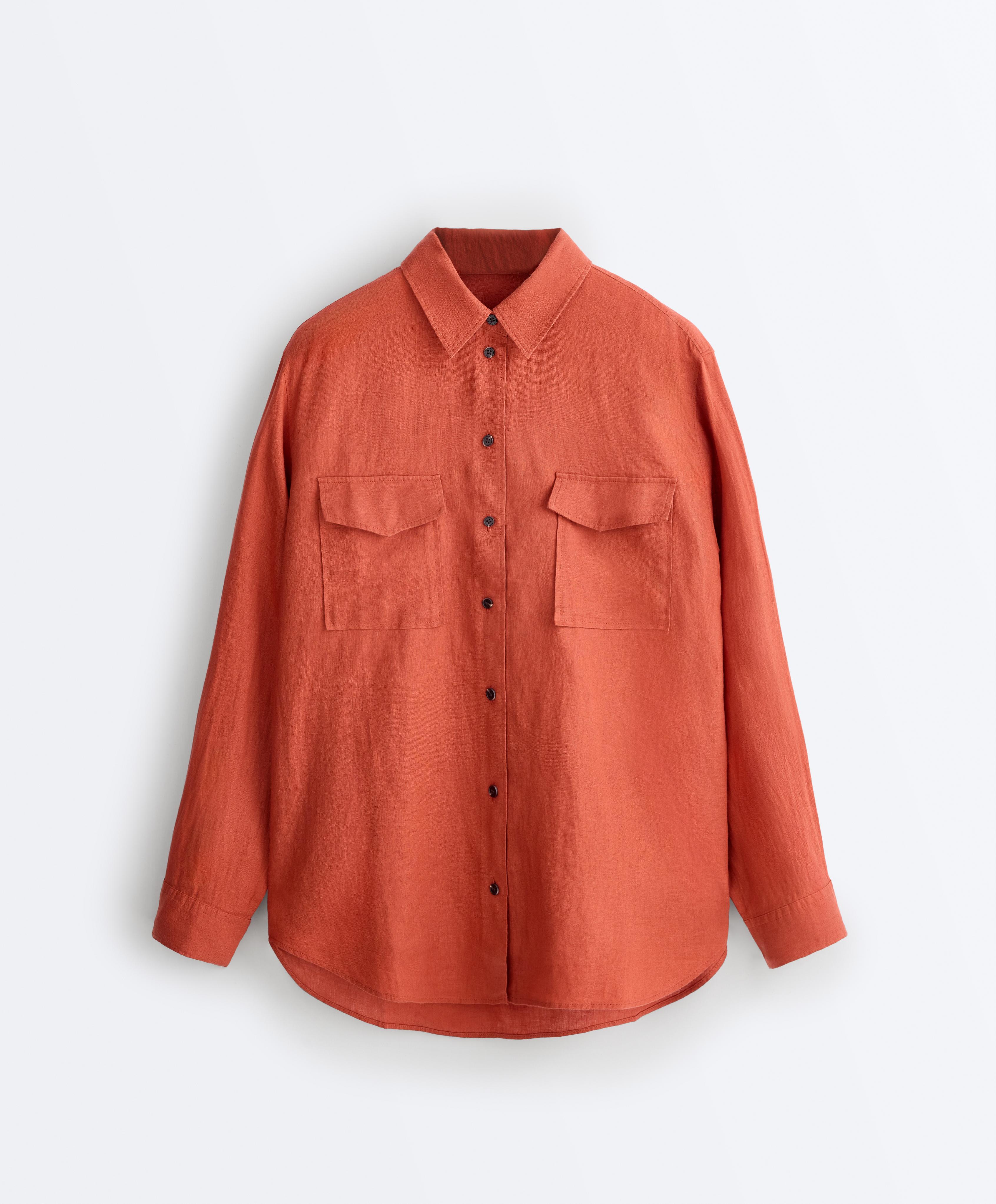 100% linen shirt with pockets — BURNT ORANGE
