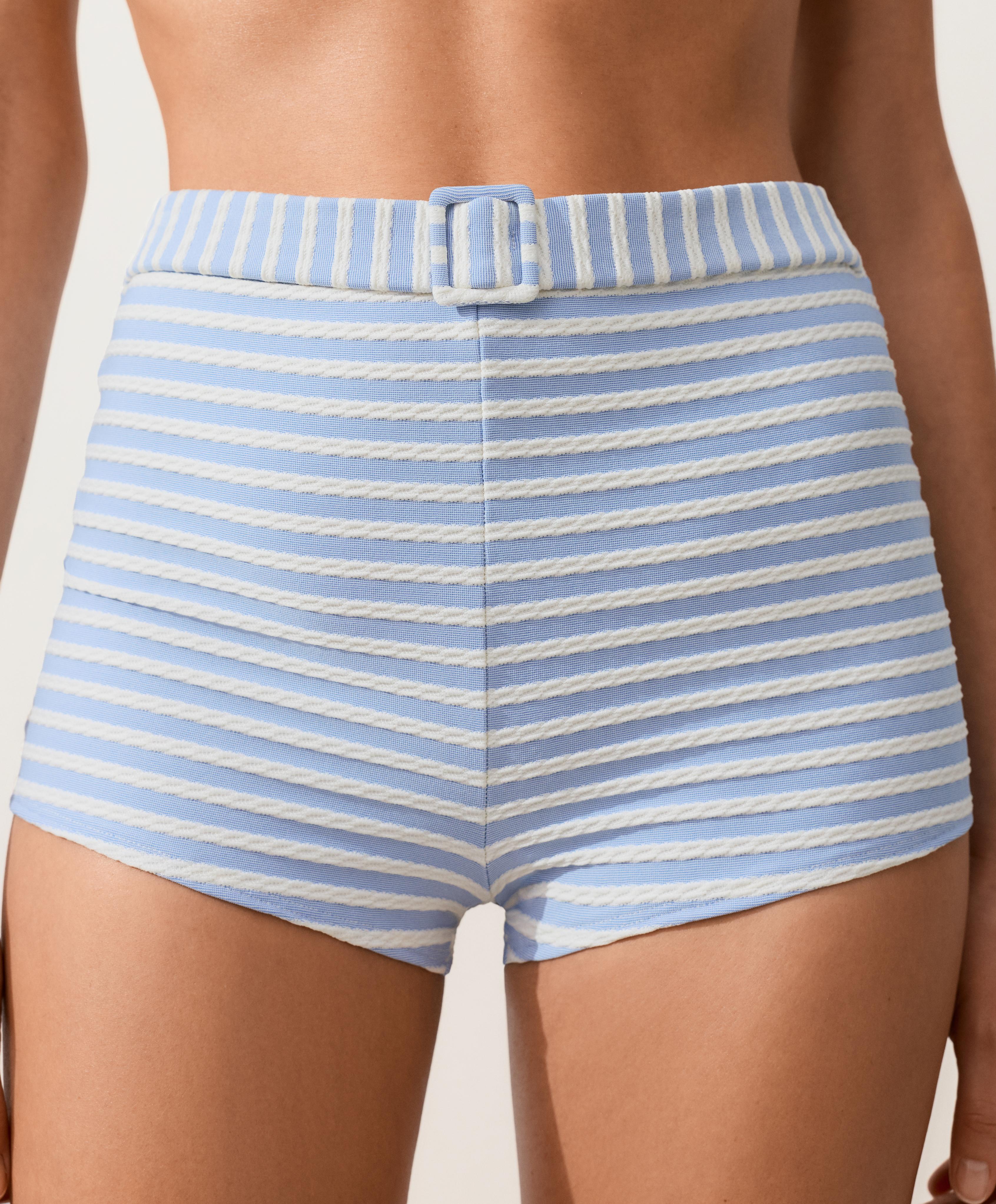 Striped textured high-waisted bikini shorts with belt detail — WASHED SKY BLUE