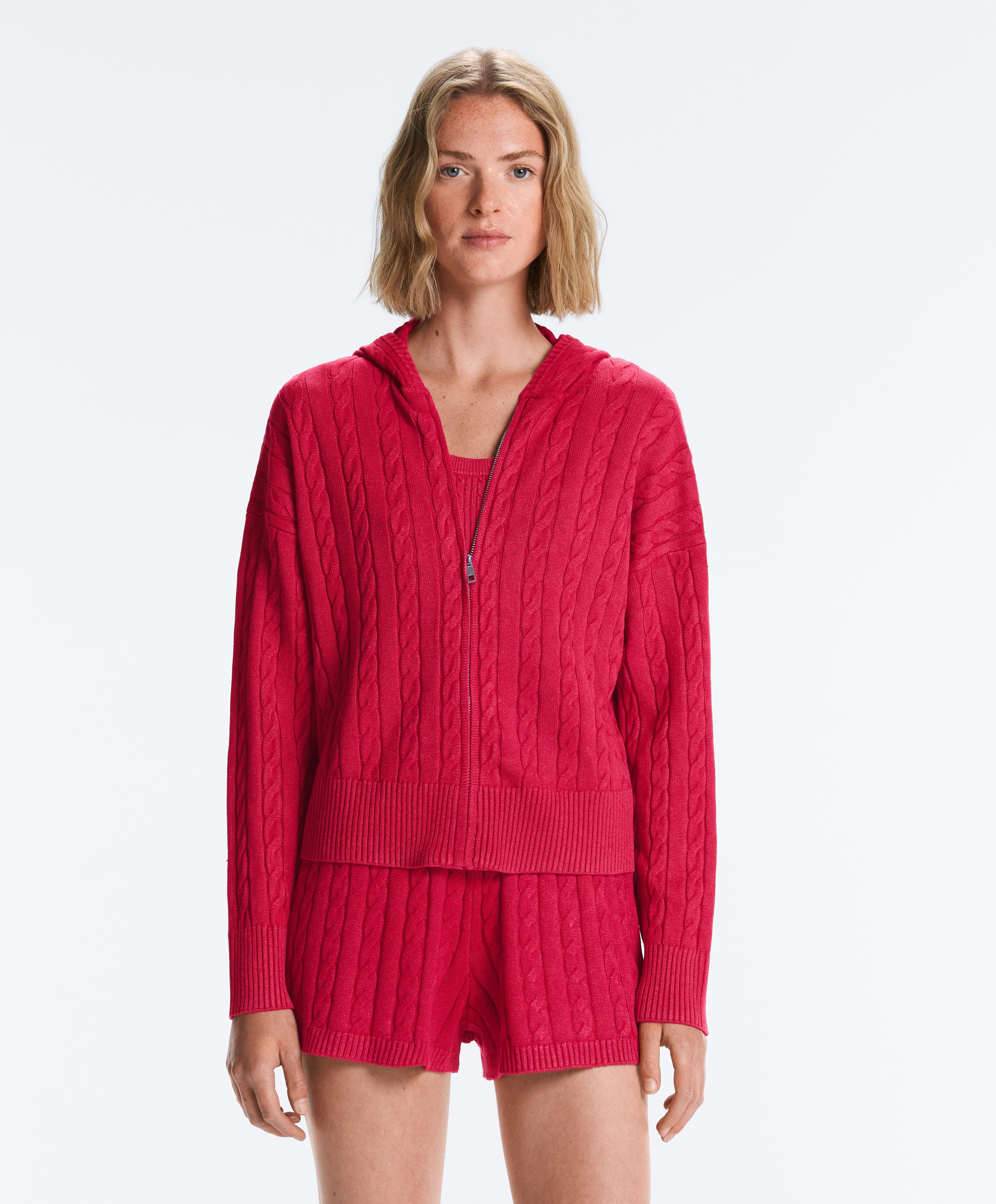 Washed cable knit hooded jacket — RED